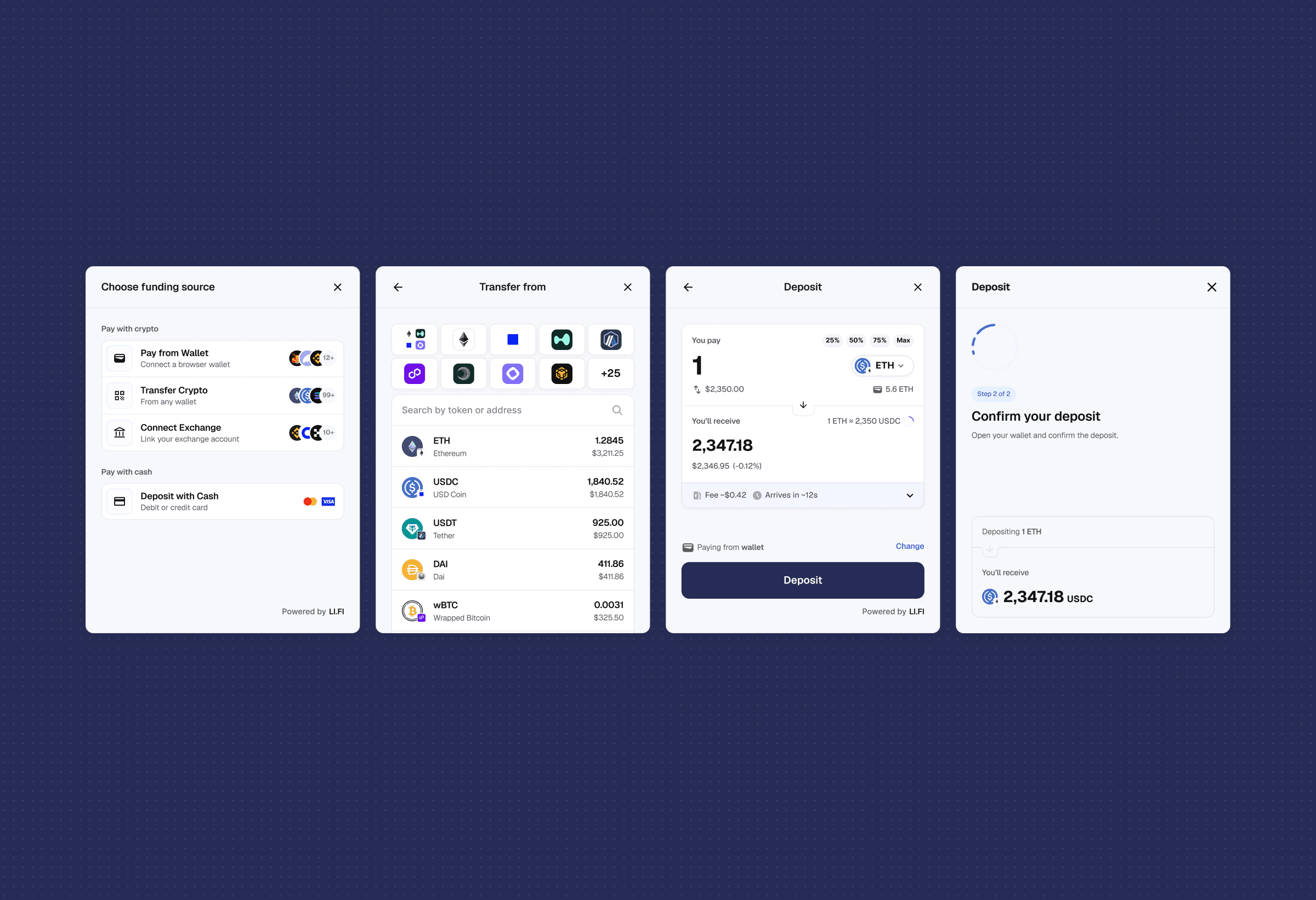 Checkout funding screens: choose a source, transfer from a token list, review the deposit, and confirm