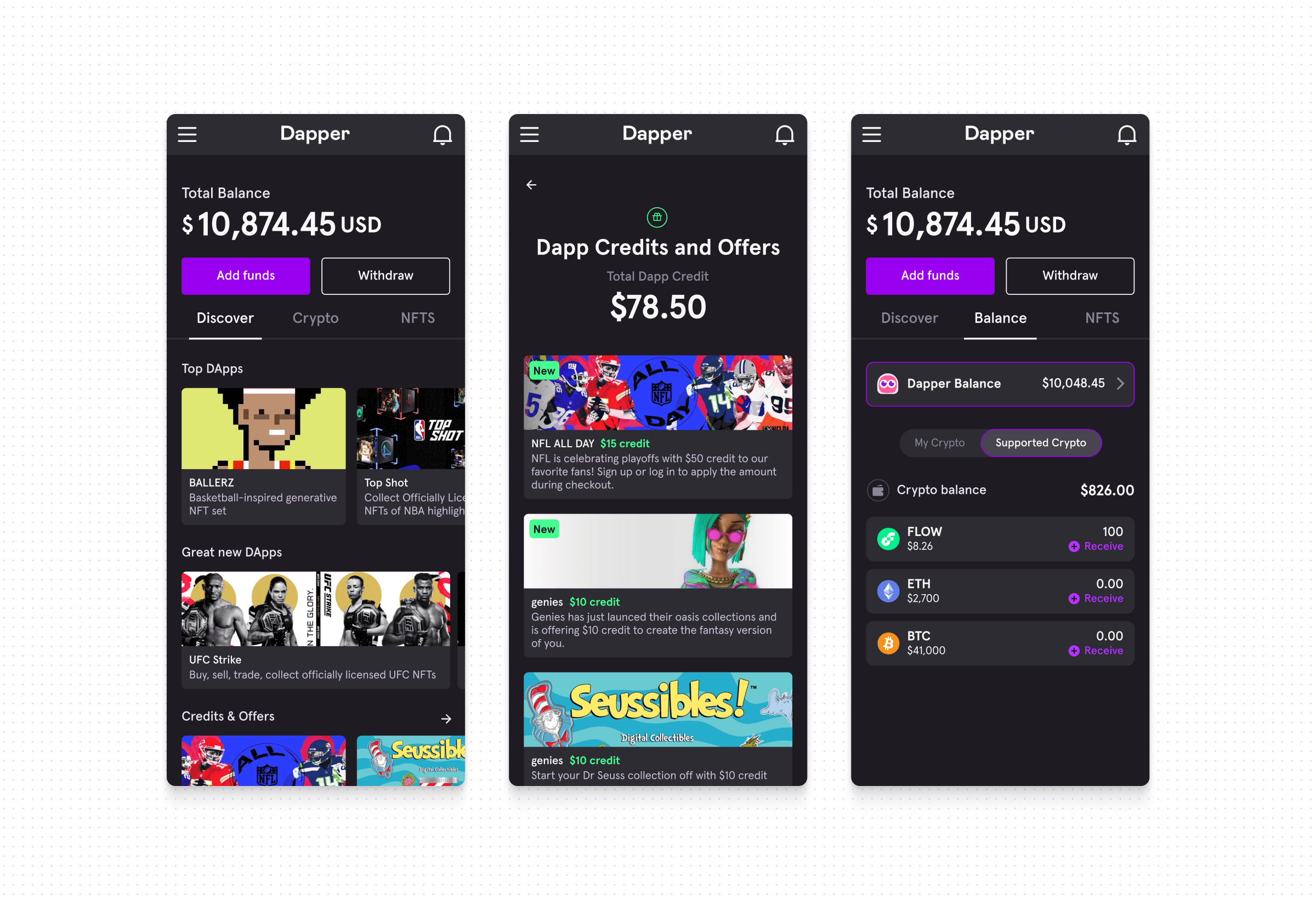 Crypto wallet on mobile showing the total balance with Add funds and Withdraw actions, a discover feed of top dApps, and the balance tab listing FLOW, ETH and BTC holdings