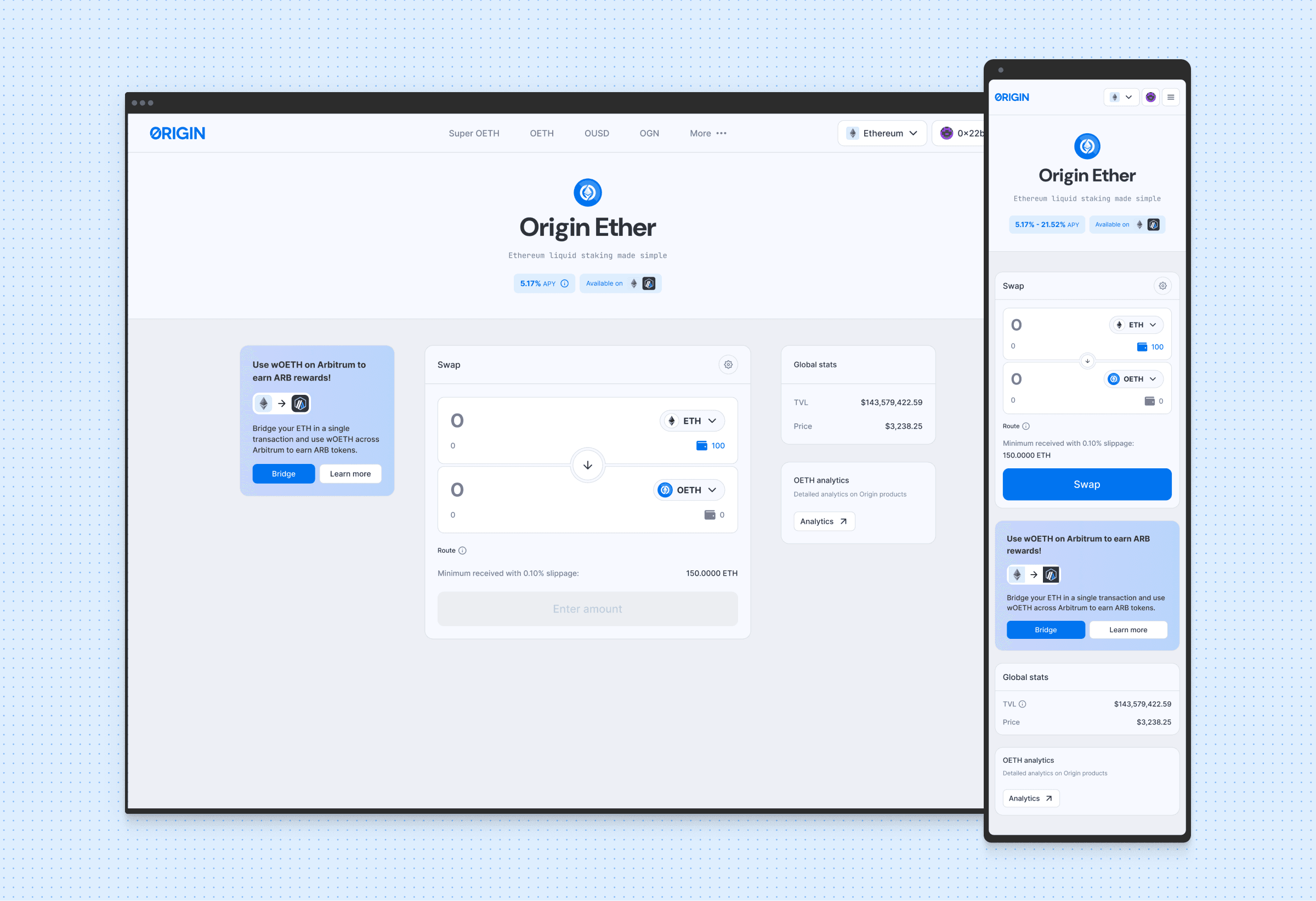 DeFi dApp token swap page on desktop and mobile