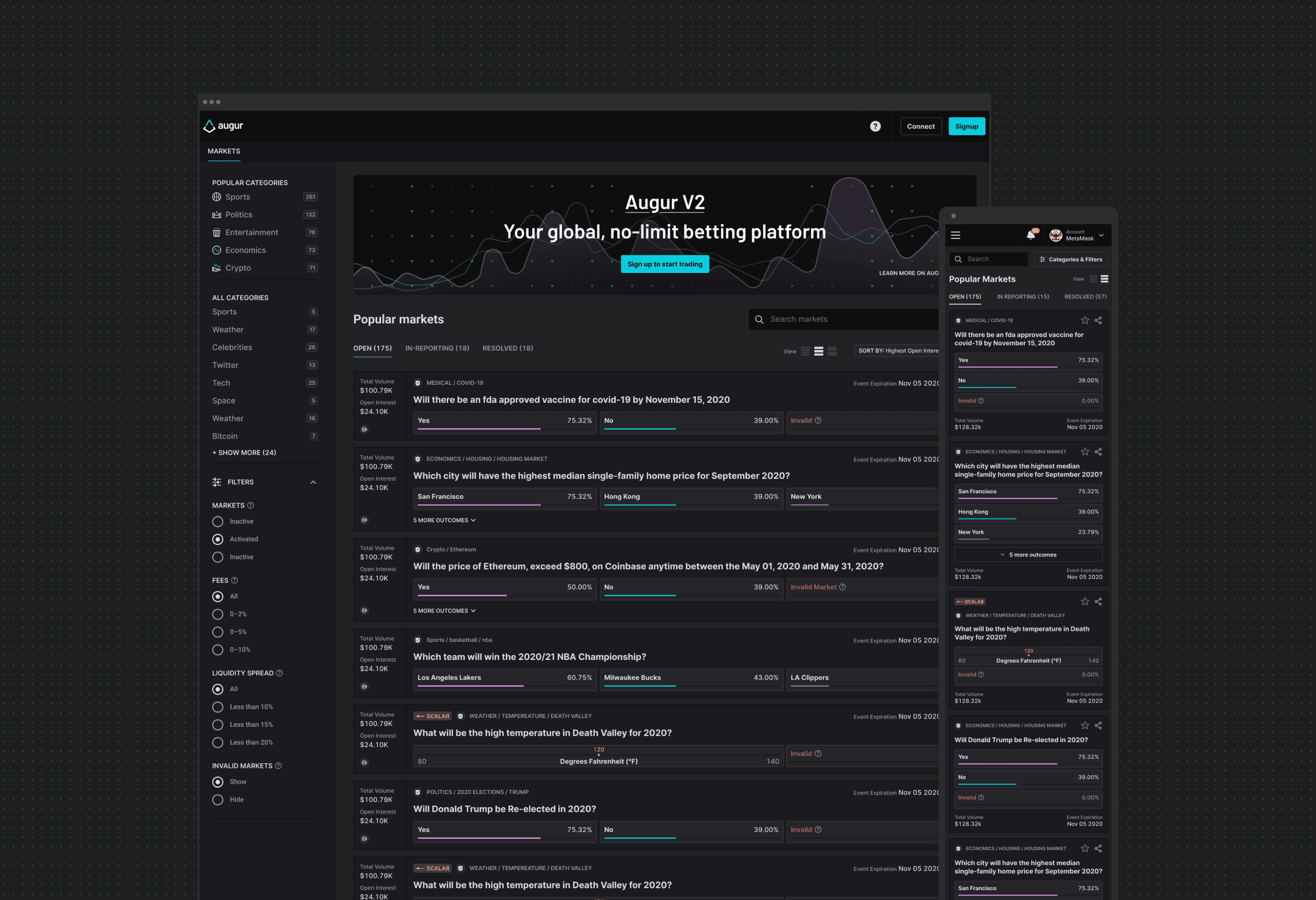 Prediction markets home showing popular markets across medical, economics, crypto, sports and politics with yes/no outcome pricing, alongside the mobile markets list