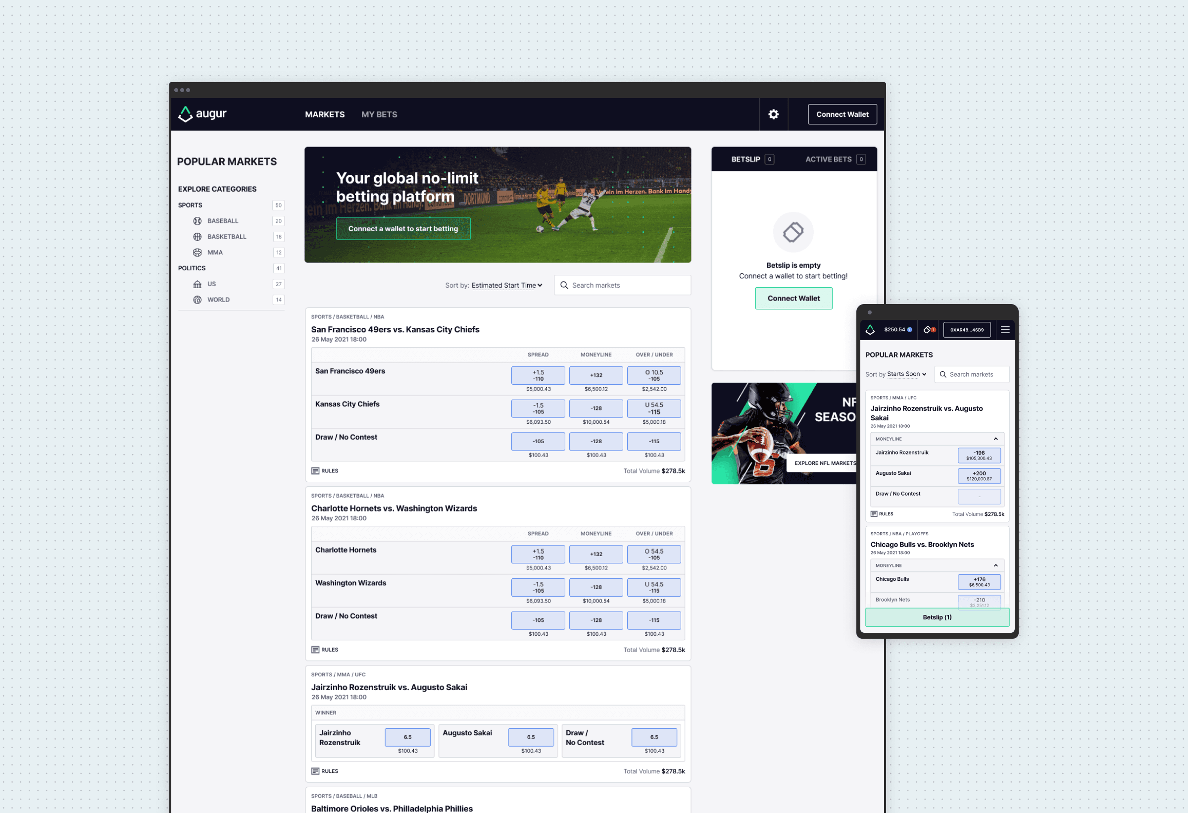 Sportsbook markets home showing spread, moneyline and over/under odds on upcoming NBA, MLB and UFC events