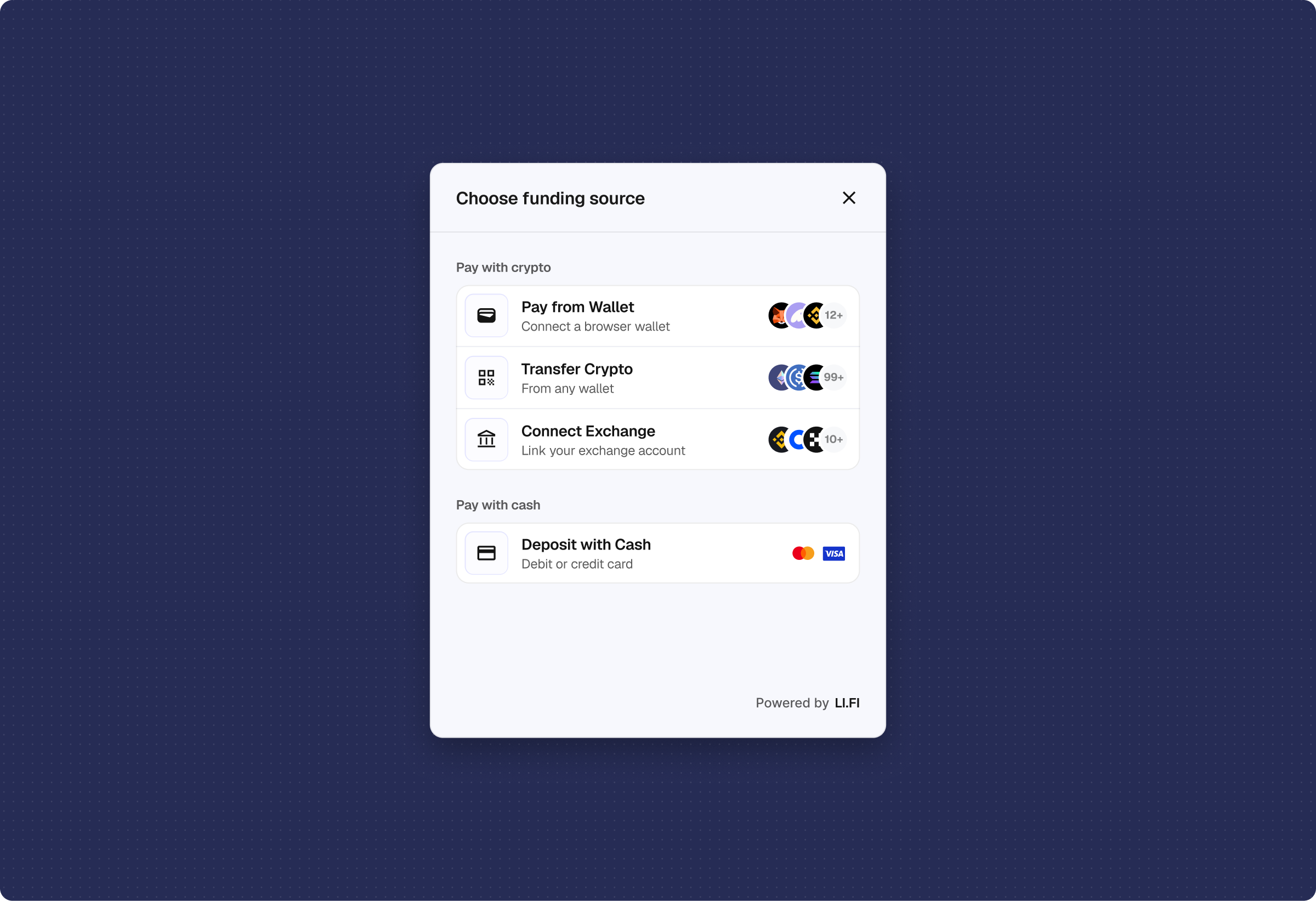 Checkout choose funding source modal on its own, offering Pay from Wallet, Transfer Crypto, Connect Exchange, and Deposit with Cash
