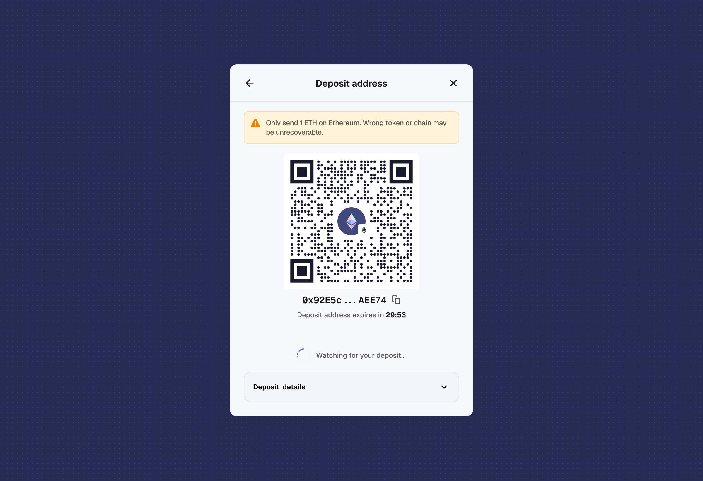 Checkout deposit address screen with a QR code, a warning to only send the right token, and a live countdown