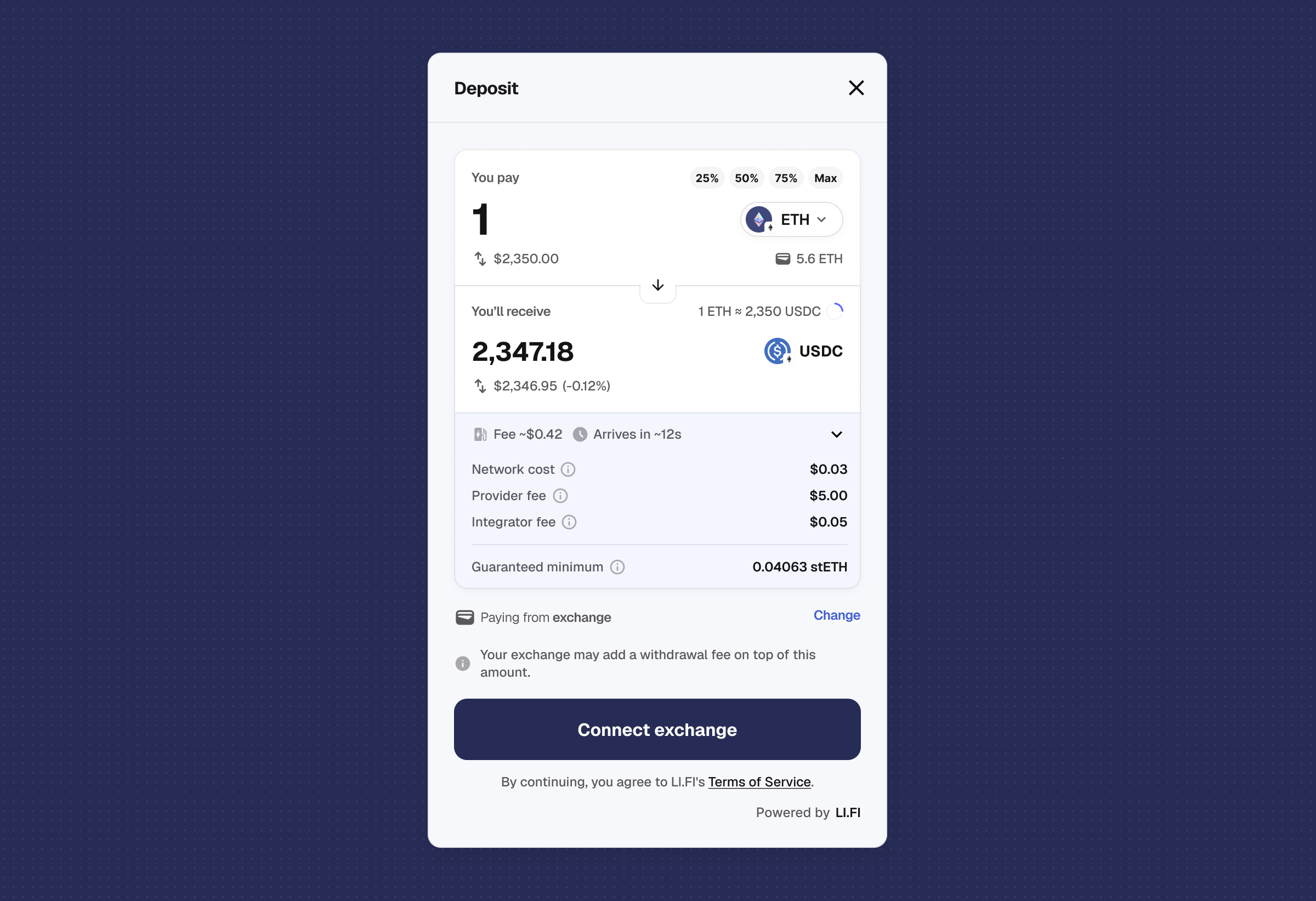 Checkout deposit quote paying 1 ETH for USDC, with a full fee breakdown and Connect exchange button