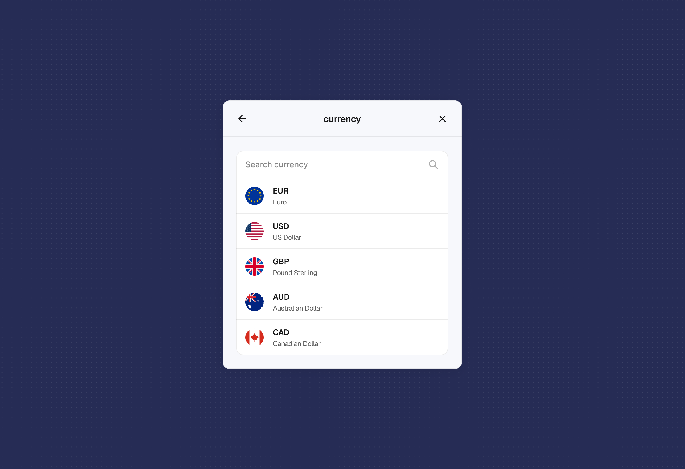 Checkout currency picker listing EUR, USD, GBP, AUD, and CAD