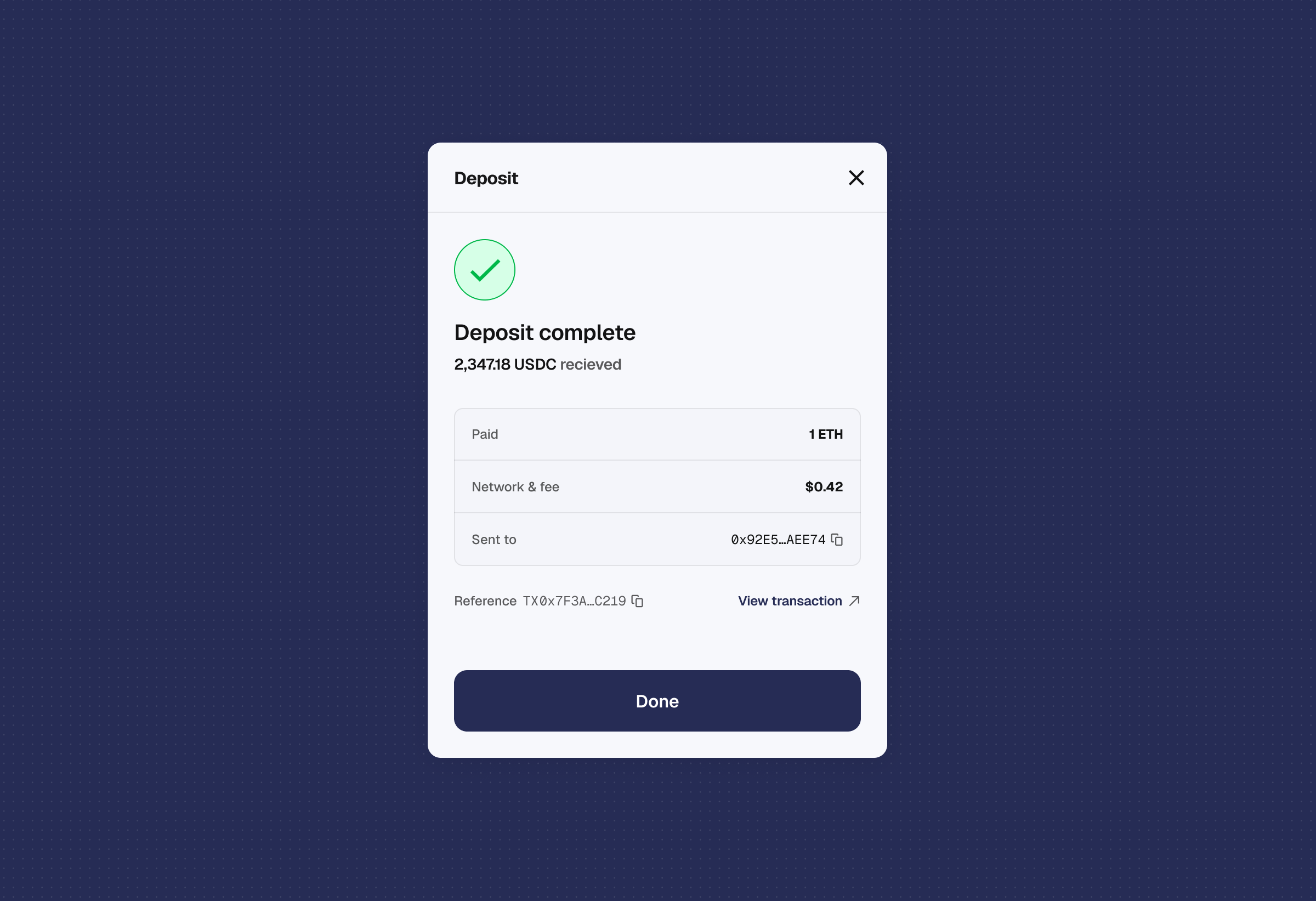 Checkout deposit complete confirmation showing amount received, fee, destination, and transaction reference
