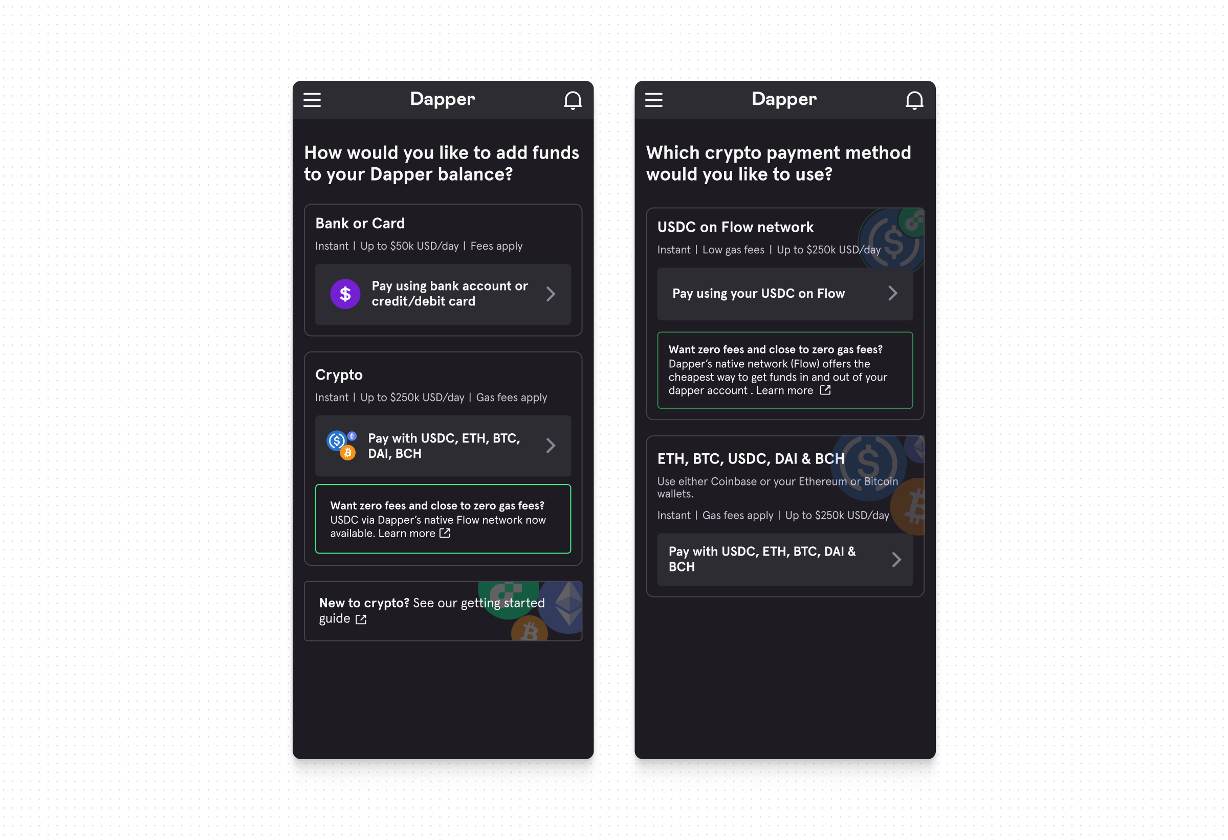Two phone screens for adding funds: choosing between paying by bank or card and paying with crypto, then choosing a crypto payment method, with USDC on the Flow network highlighted as the low-fee option over ETH, BTC, USDC, DAI and BCH