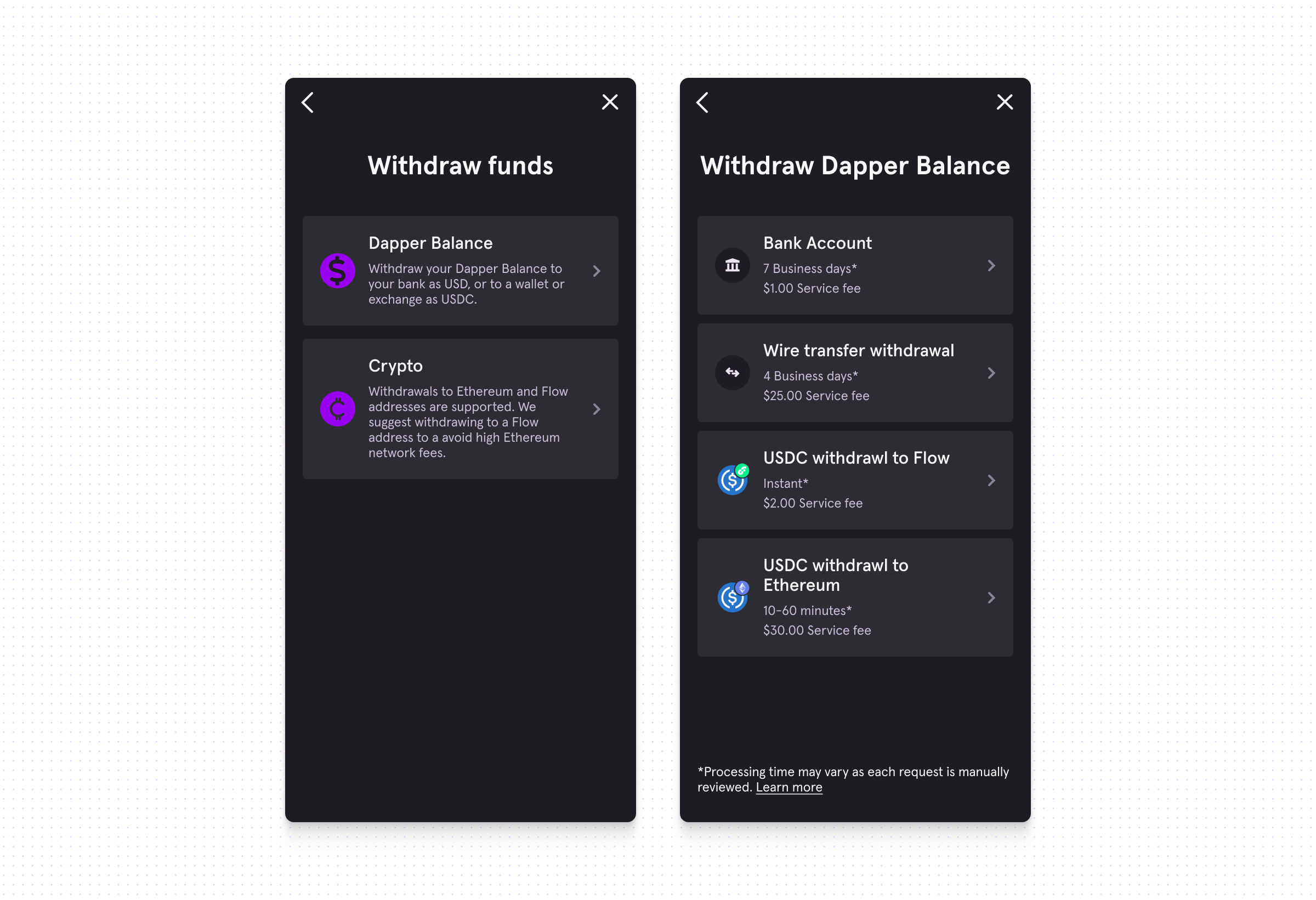 Two phone screens for withdrawing: choosing between account balance and Crypto, then the account balance methods list — bank account, wire transfer, USDC to Flow and USDC to Ethereum — each showing its processing time and service fee