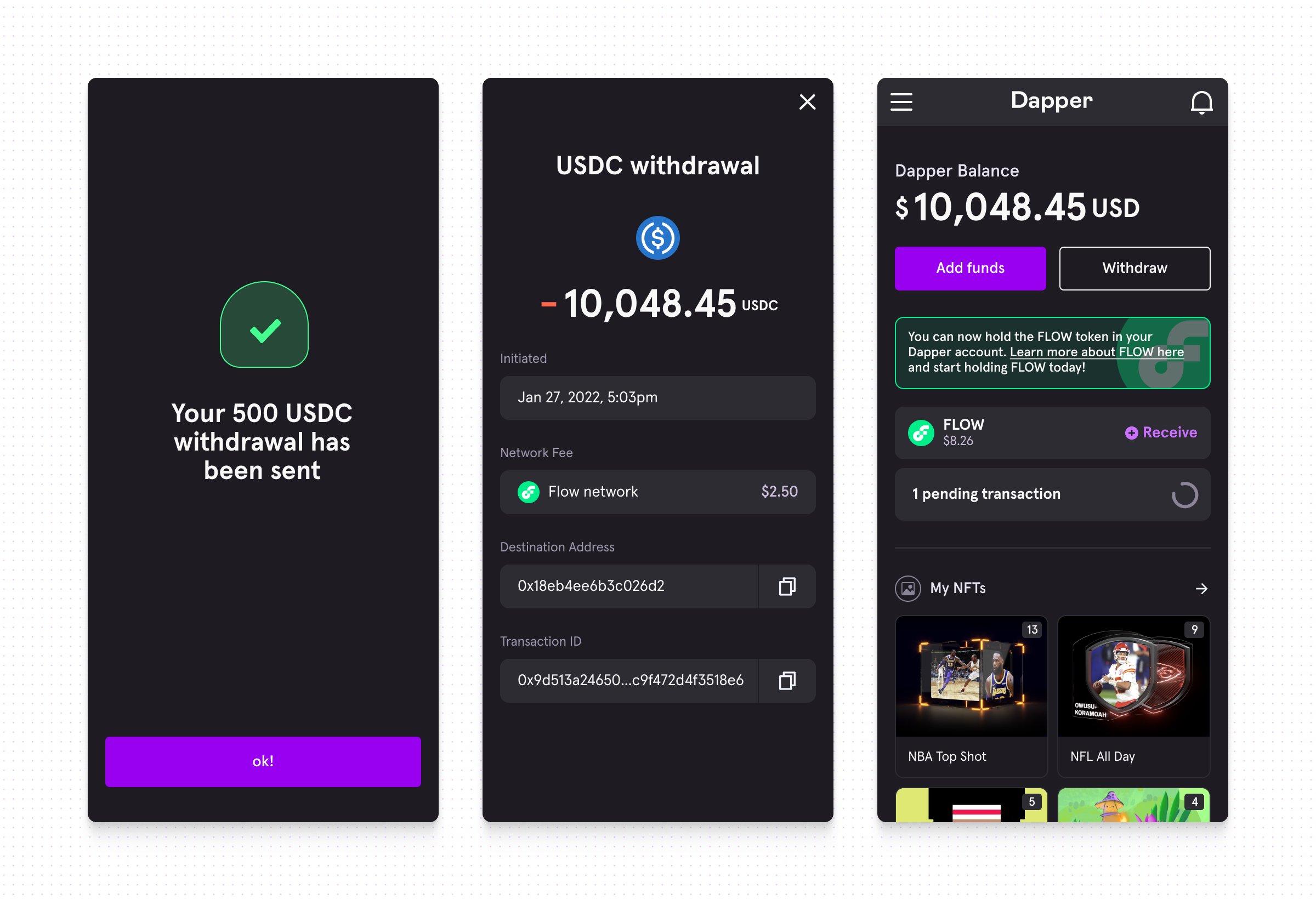 Three phone screens closing the loop: a confirmation that a 500 USDC withdrawal has been sent, a withdrawal receipt listing the time initiated, network fee, destination address and transaction ID, and the wallet home showing the newly supported FLOW token, a pending transaction and the user's NFTs