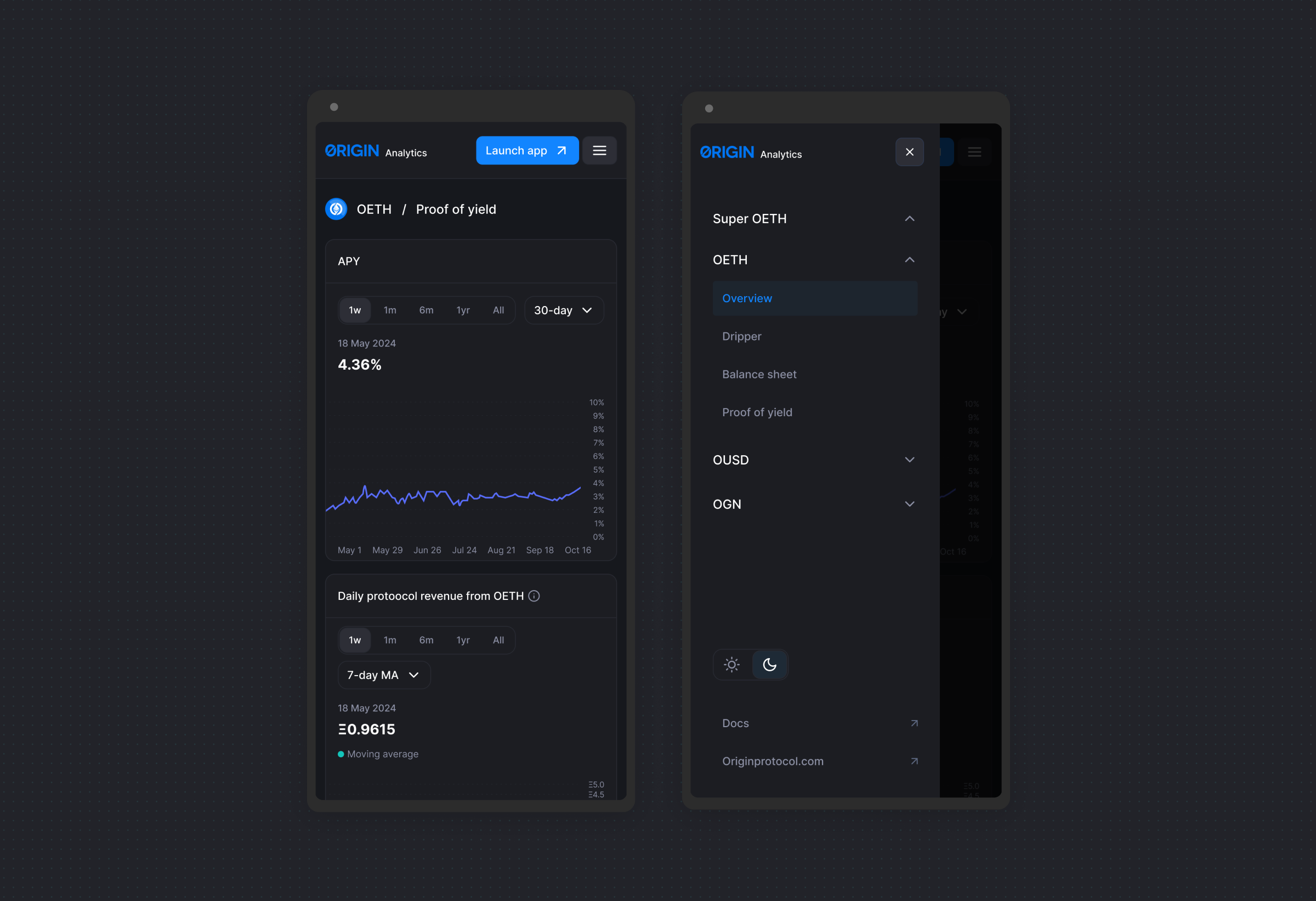 The analytics platform on mobile, showing the OETH proof-of-yield screen and the navigation menu