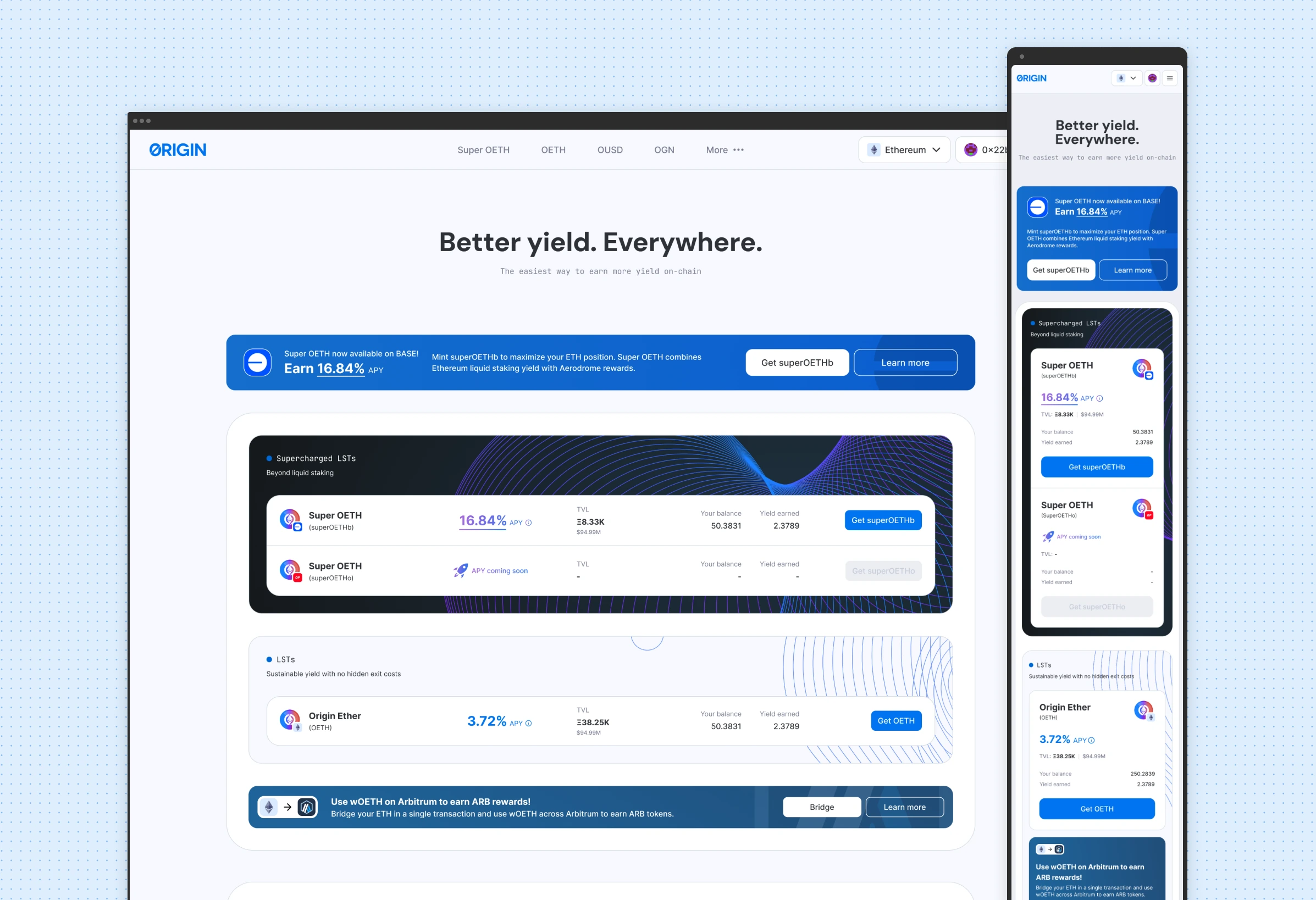 DeFi dApp home screen, “Better yield. Everywhere.”, with Super OETH, OETH and OUSD positions, on desktop and mobile