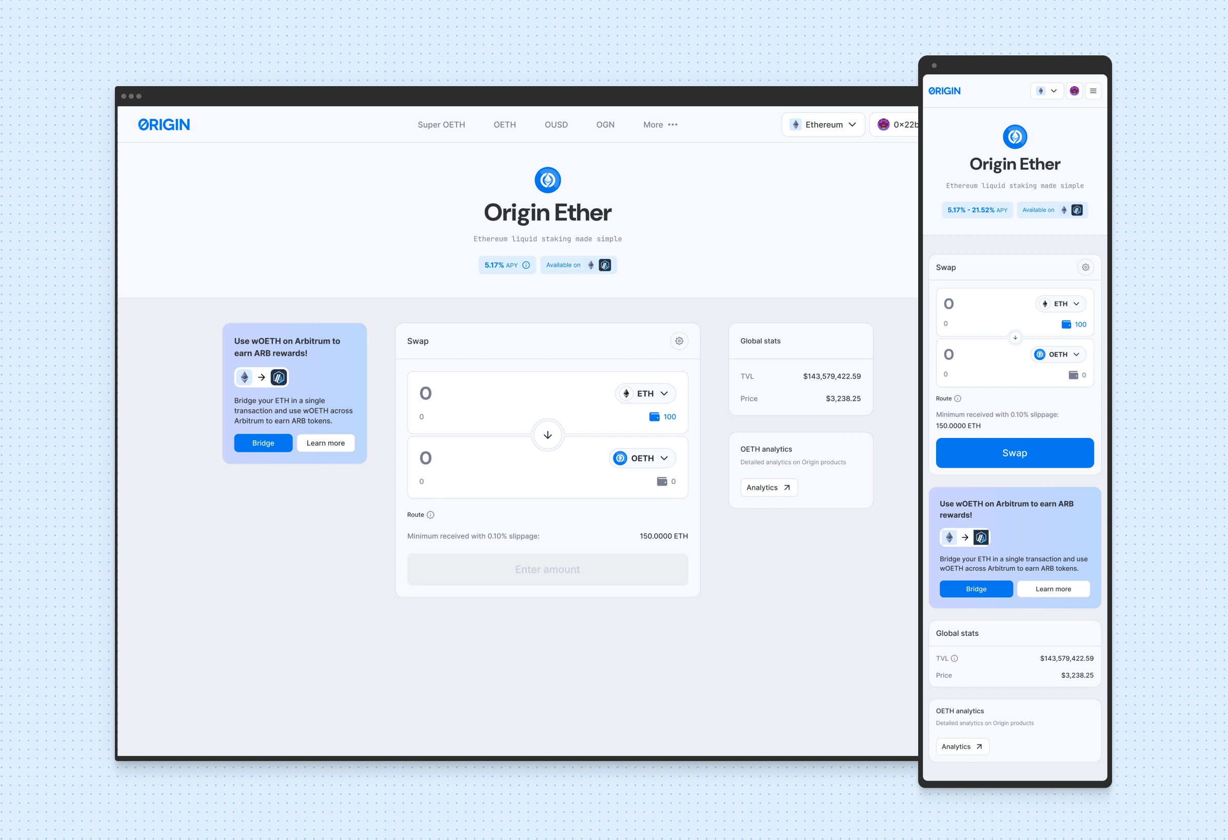 Token swap page with token inputs and route details, on desktop and mobile