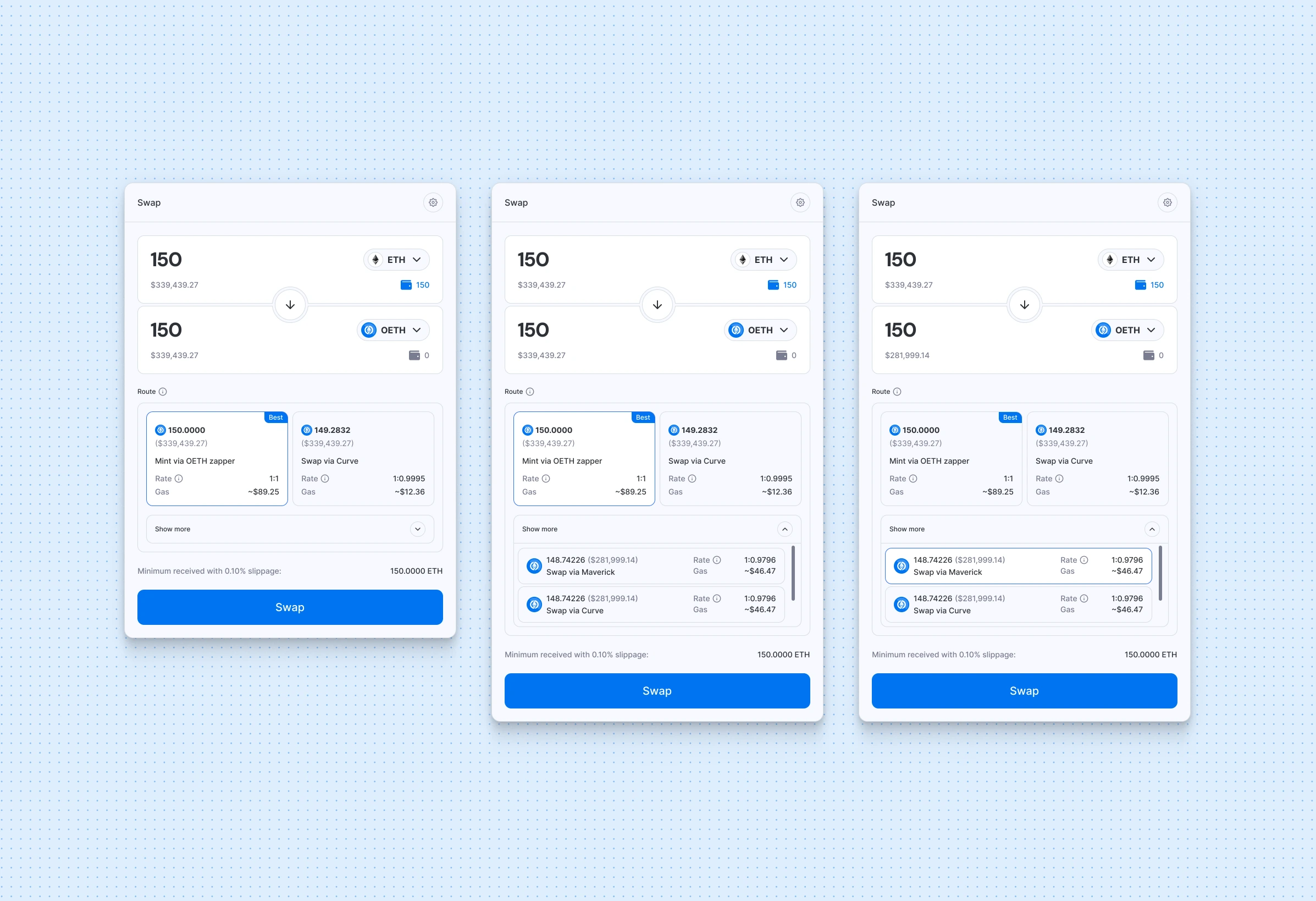 Token swap flow shown across three states, from entering an amount to reviewing the route