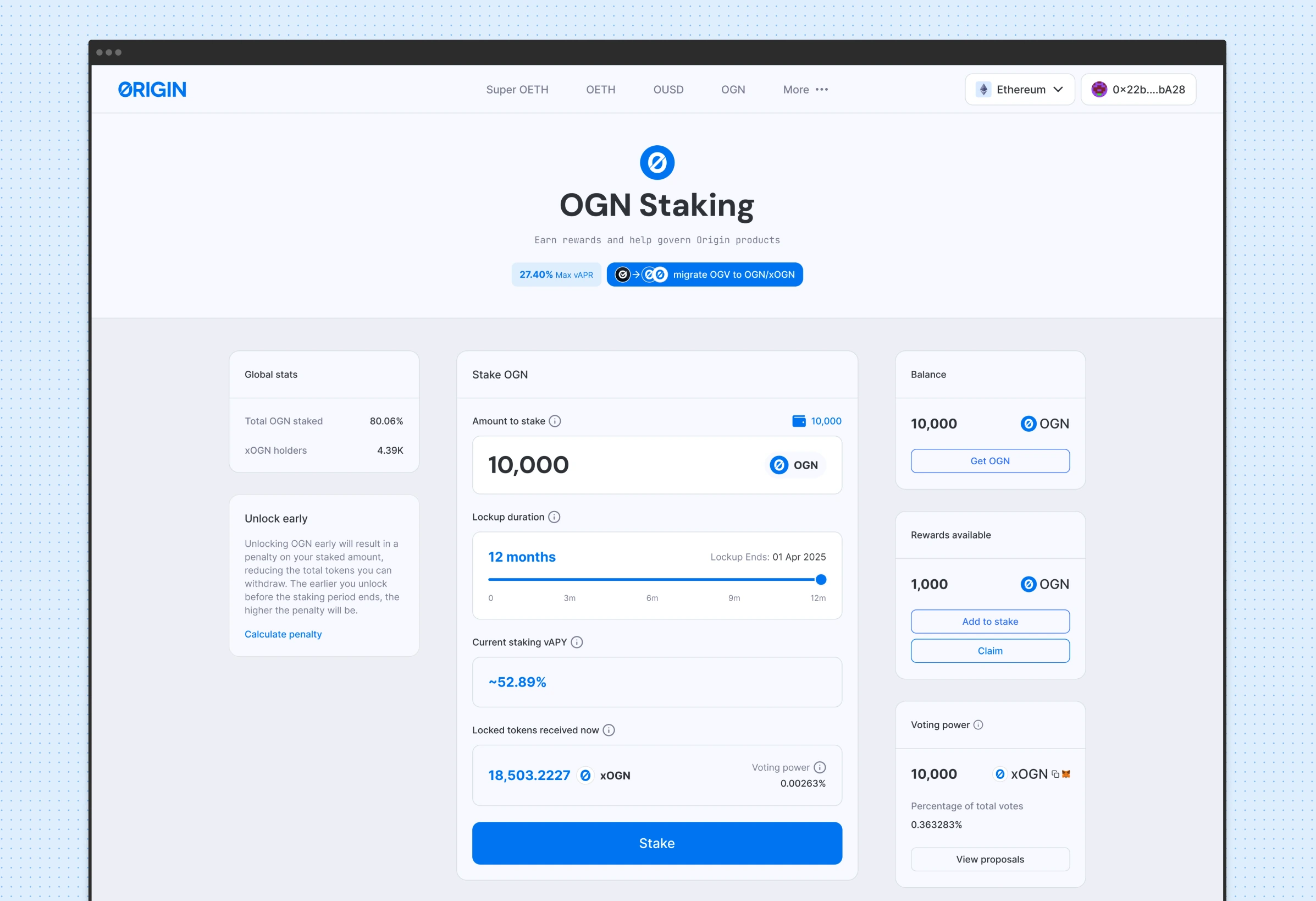 OGN staking page with lock-up duration, projected vAPY, and available rewards