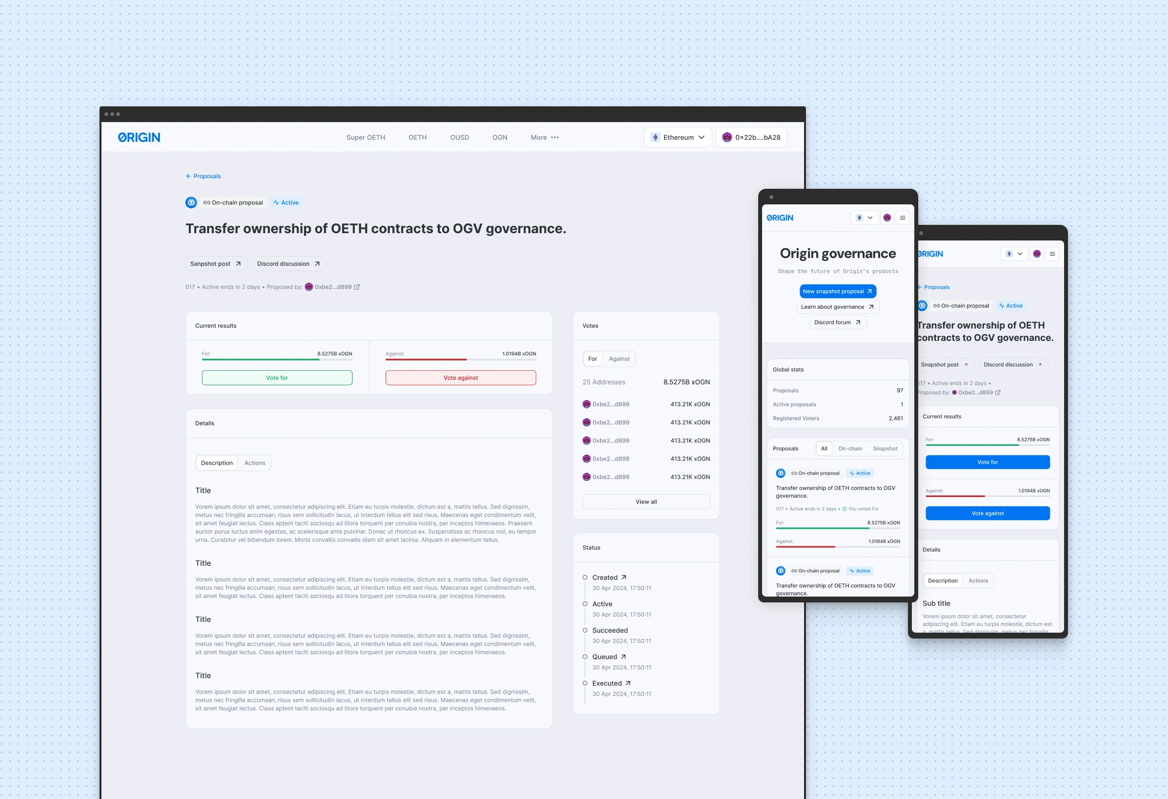 DAO governance showing a proposal to transfer ownership of OETH contracts, on desktop and mobile
