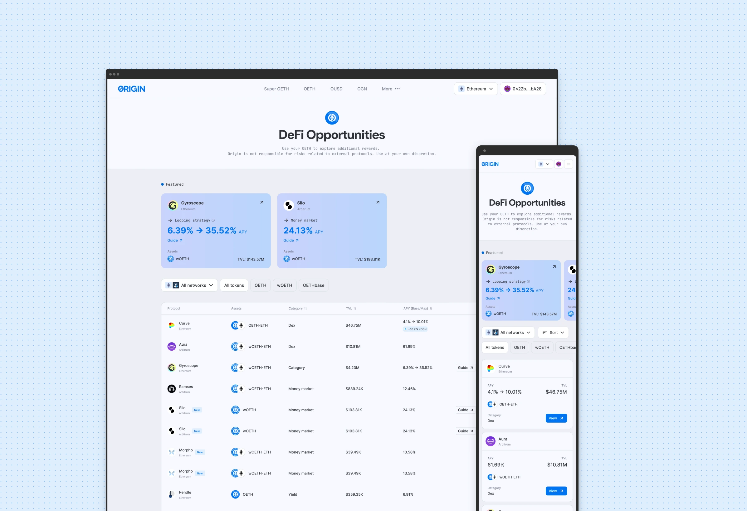 DeFi Opportunities listing external pools and their APYs, on desktop and mobile