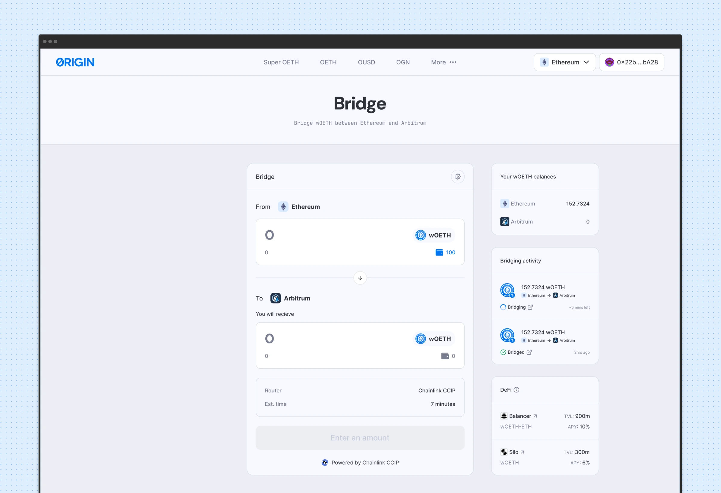 Bridge for moving wOETH between Ethereum and Arbitrum, with balances and bridging activity