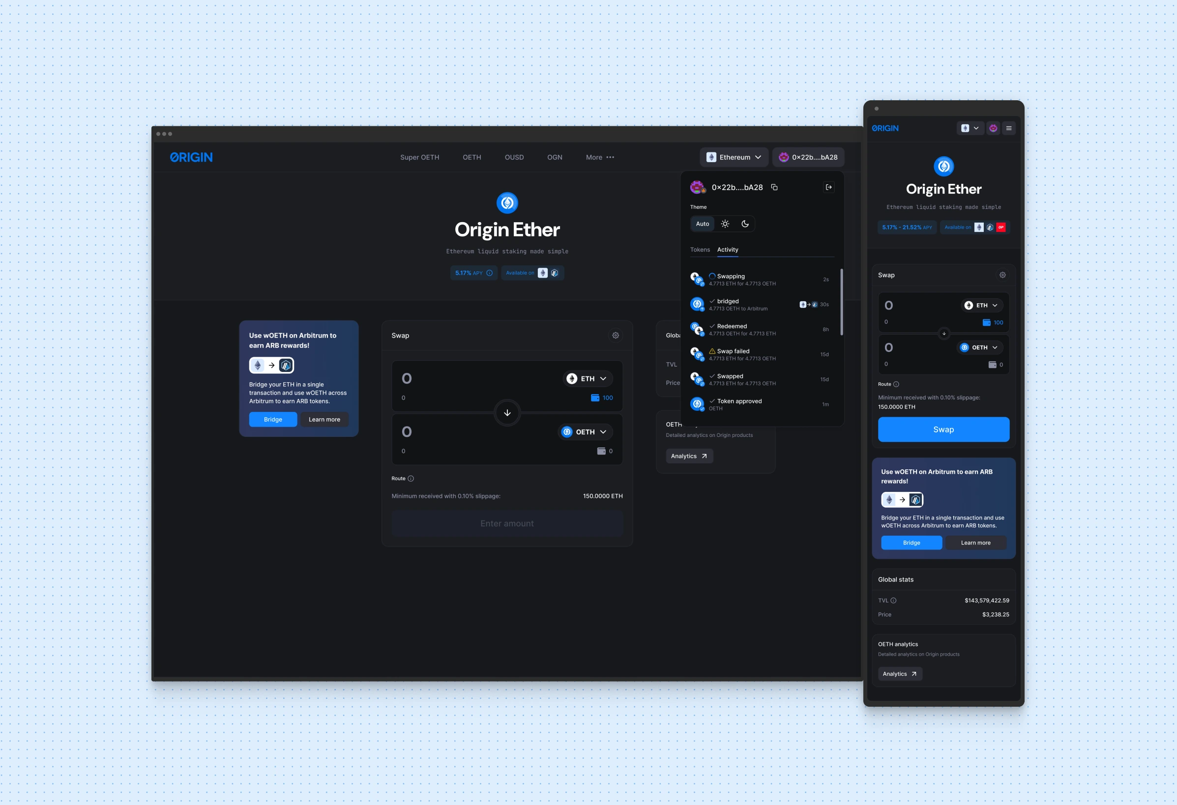 Token swap in dark mode with the wallet activity panel open, on desktop and mobile