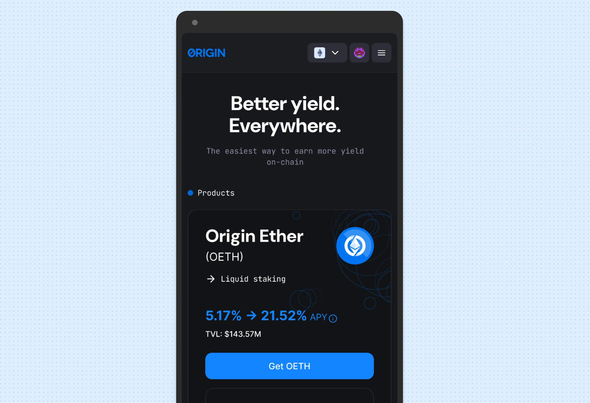 The dApp on mobile, showing the home screen and a token product page