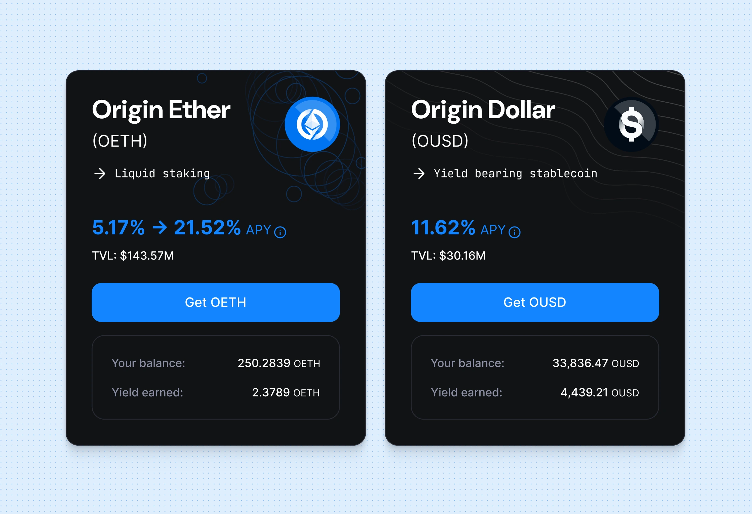 OETH and OUSD product cards with APY, TVL and balances