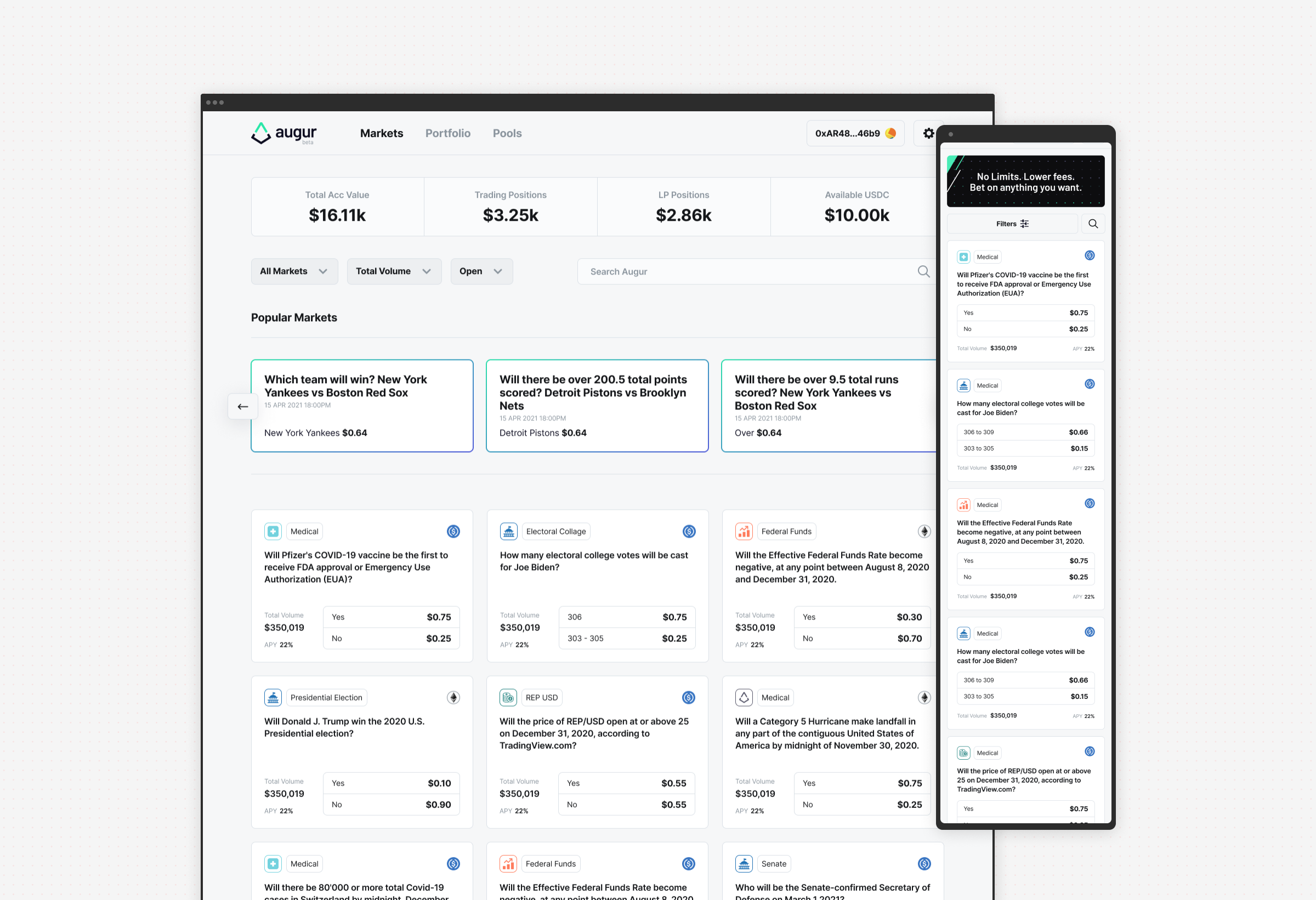 Prediction markets home on desktop and mobile, showing an account value summary, popular sports markets, and a grid of open prediction markets across medical, politics and crypto categories