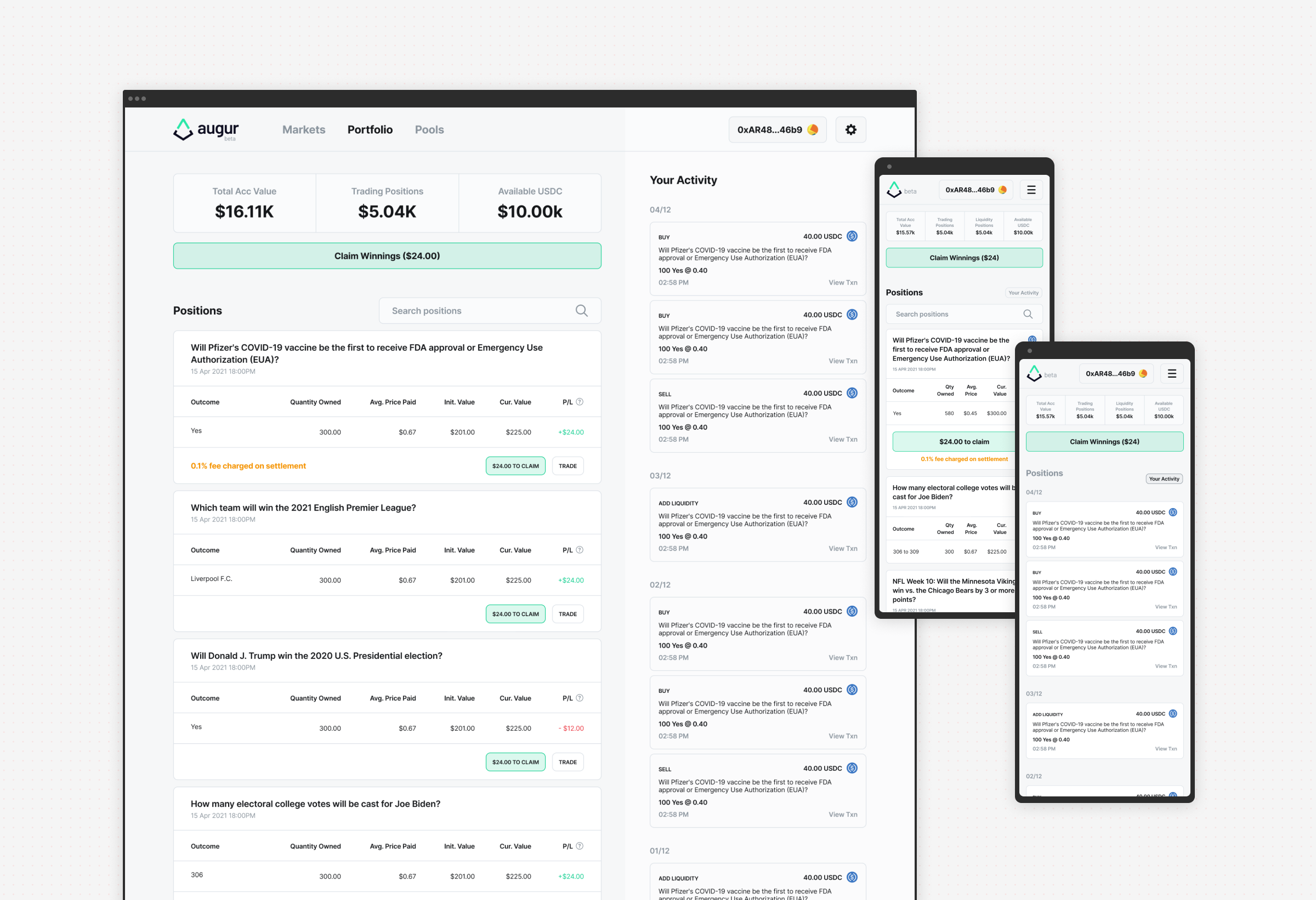 Portfolio on desktop and mobile, showing claimable winnings, open positions with profit and loss per market, and a dated feed of recent account activity