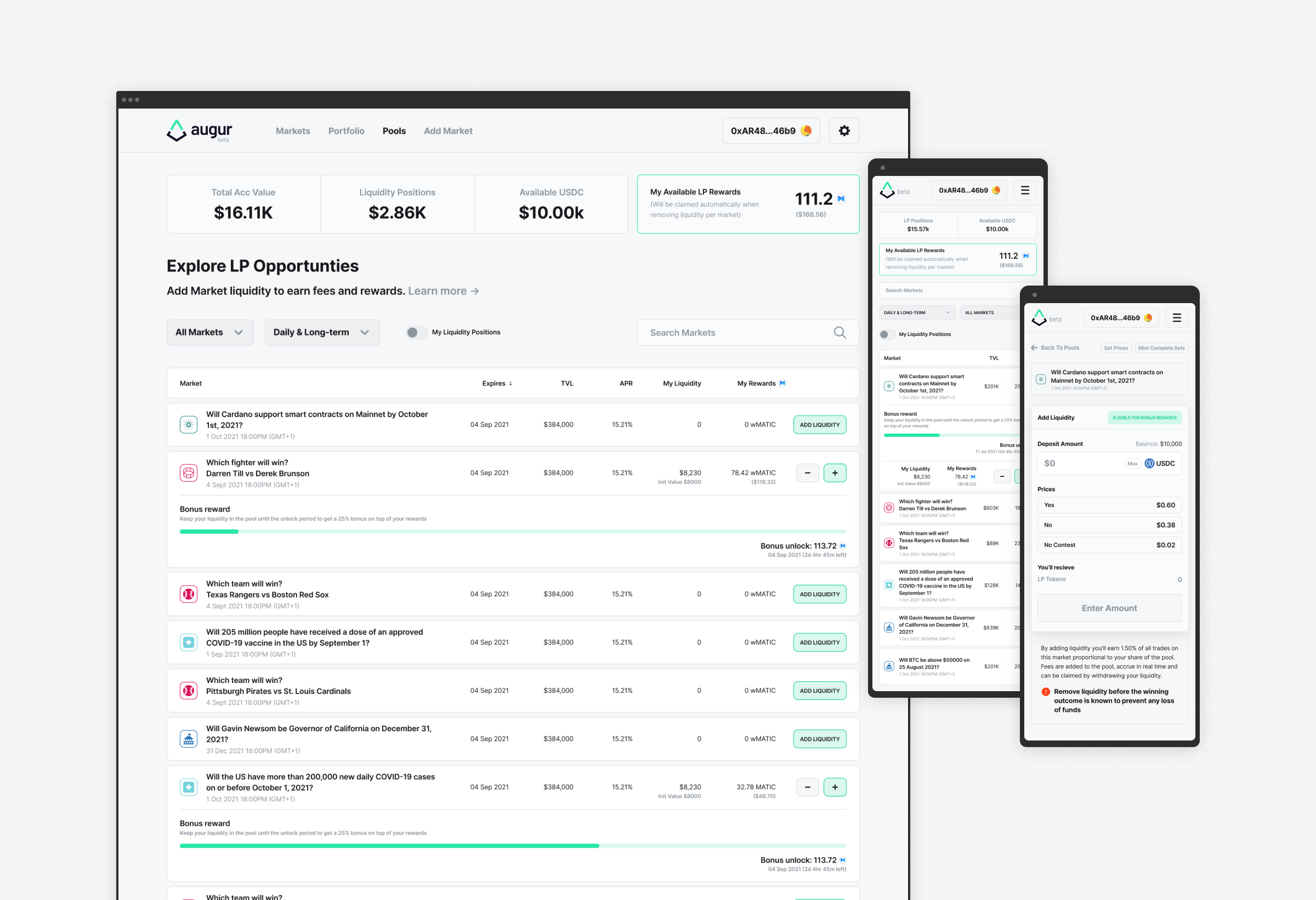 Explore LP opportunities on desktop and mobile — a table of markets with TVL, APR, rewards and bonus unlock progress, alongside the add-liquidity panel