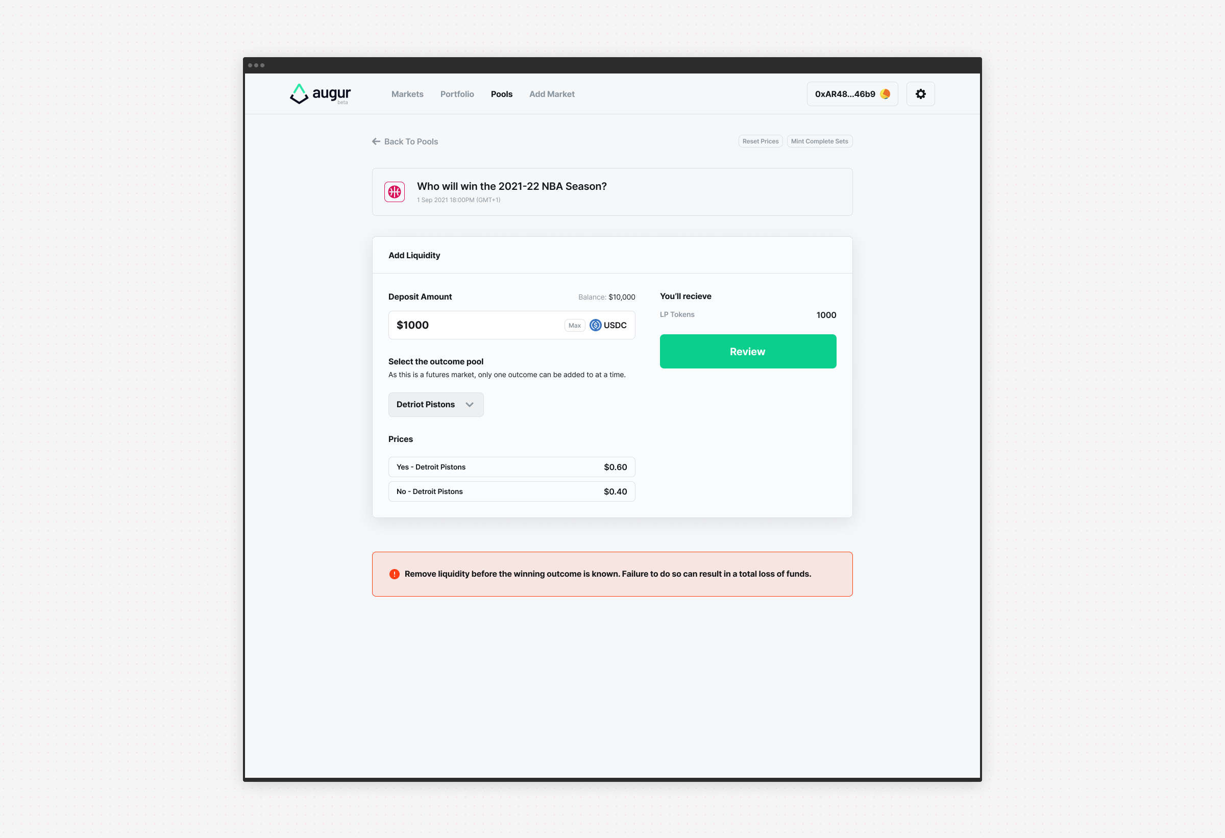 The add-liquidity flow for a futures market, with a deposit amount, an outcome pool picker, the resulting LP tokens, and a warning to remove liquidity before the winning outcome is known