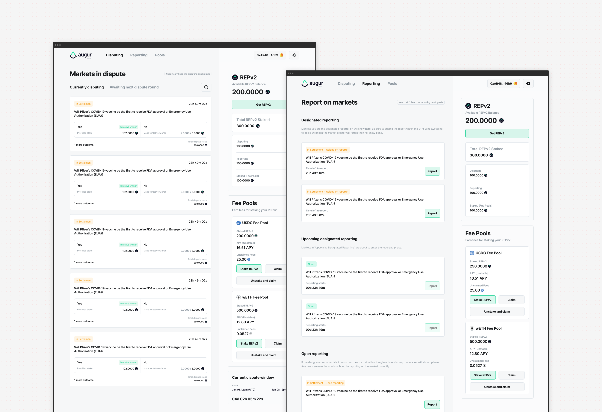 Markets in dispute with per-outcome stake and dispute rounds, shown next to the reporting queue, REPv2 balance, fee pools and the current dispute window