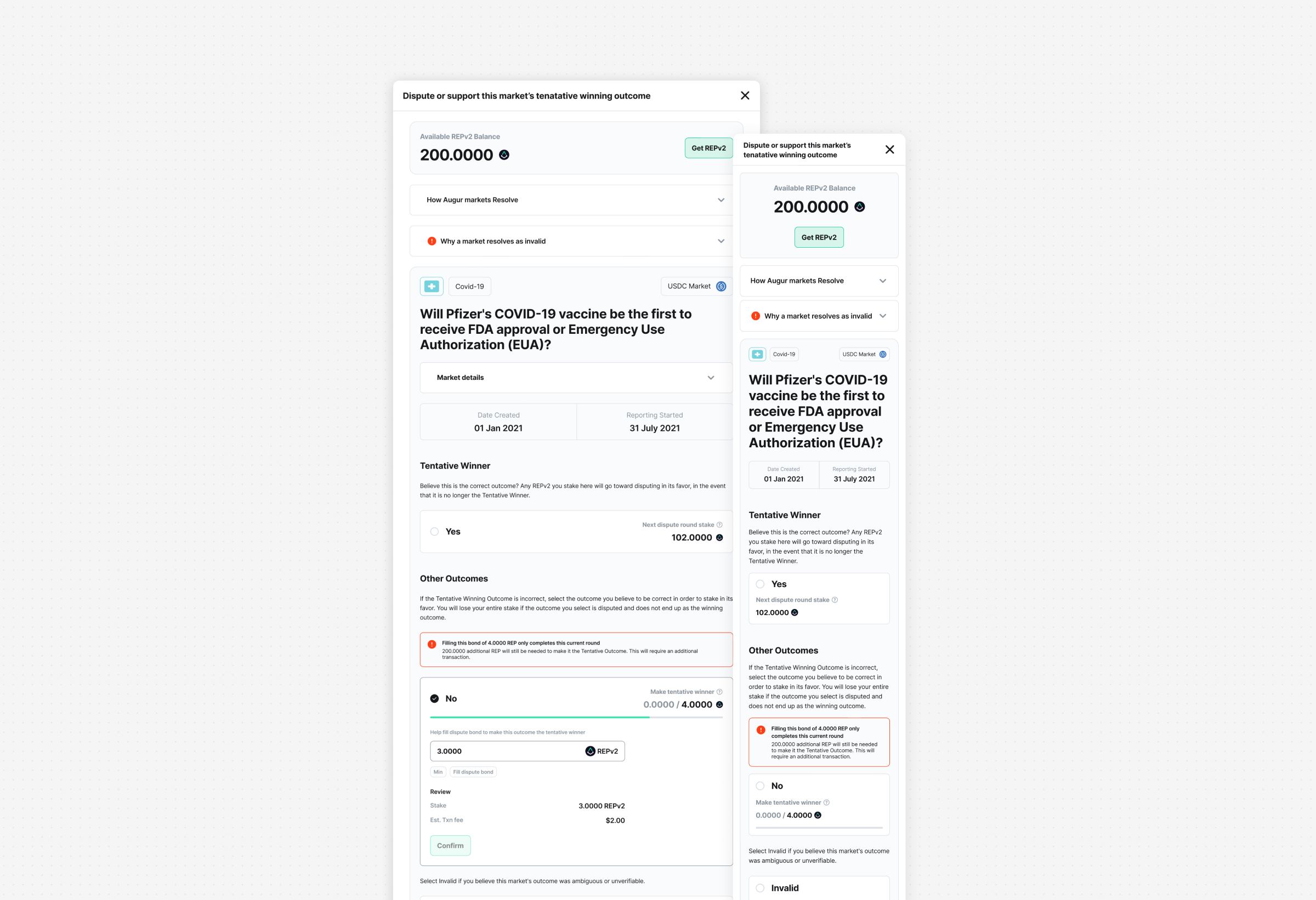 The dispute modal on desktop and mobile, explaining how markets resolve, showing the tentative winner and letting a user stake REPv2 against another outcome