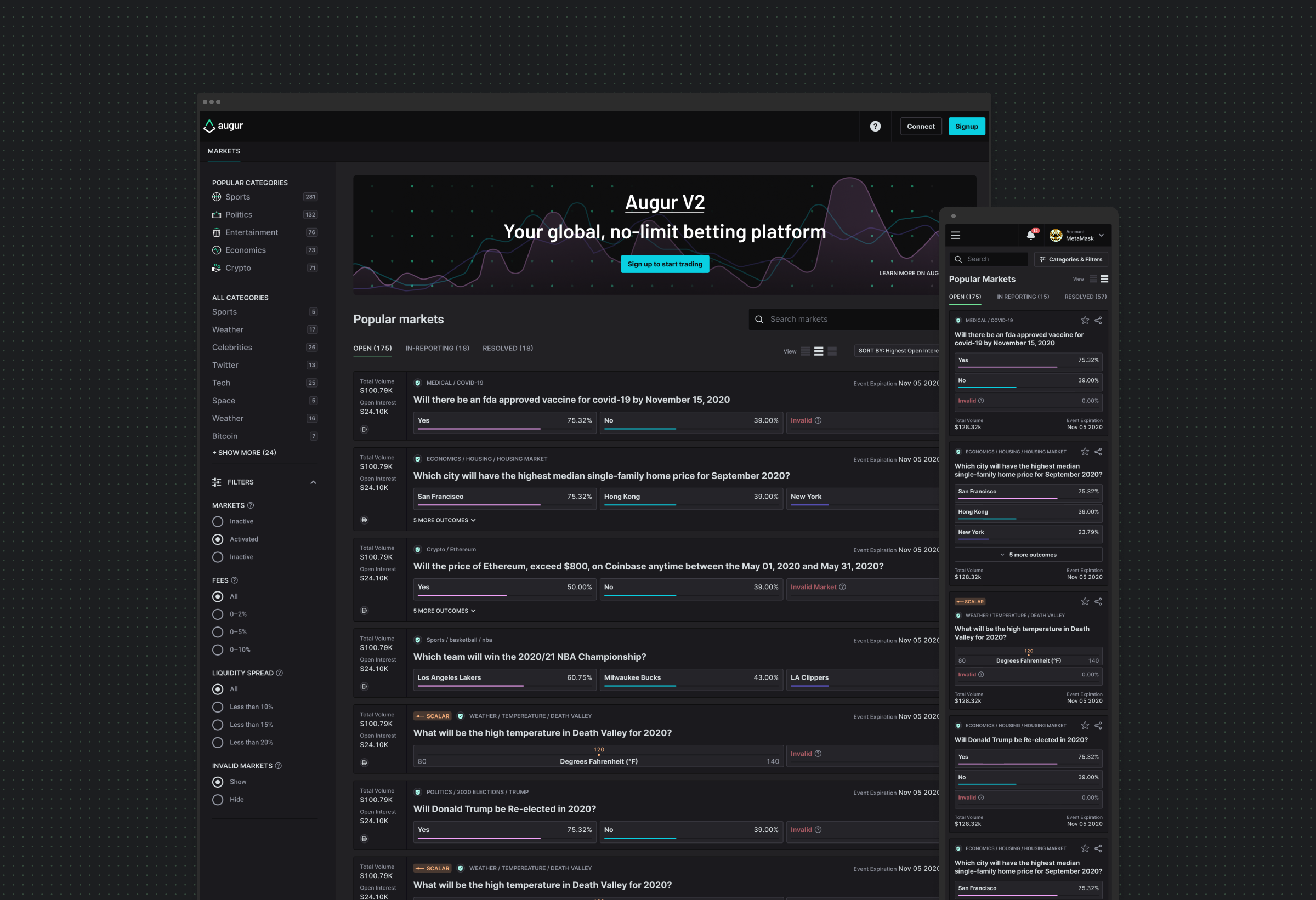 Prediction markets home with a category sidebar, a banner reading 'Your global, no-limit betting platform', and a list of open markets across medical, economics, crypto, sports and politics showing yes/no pricing, and the same markets list on mobile