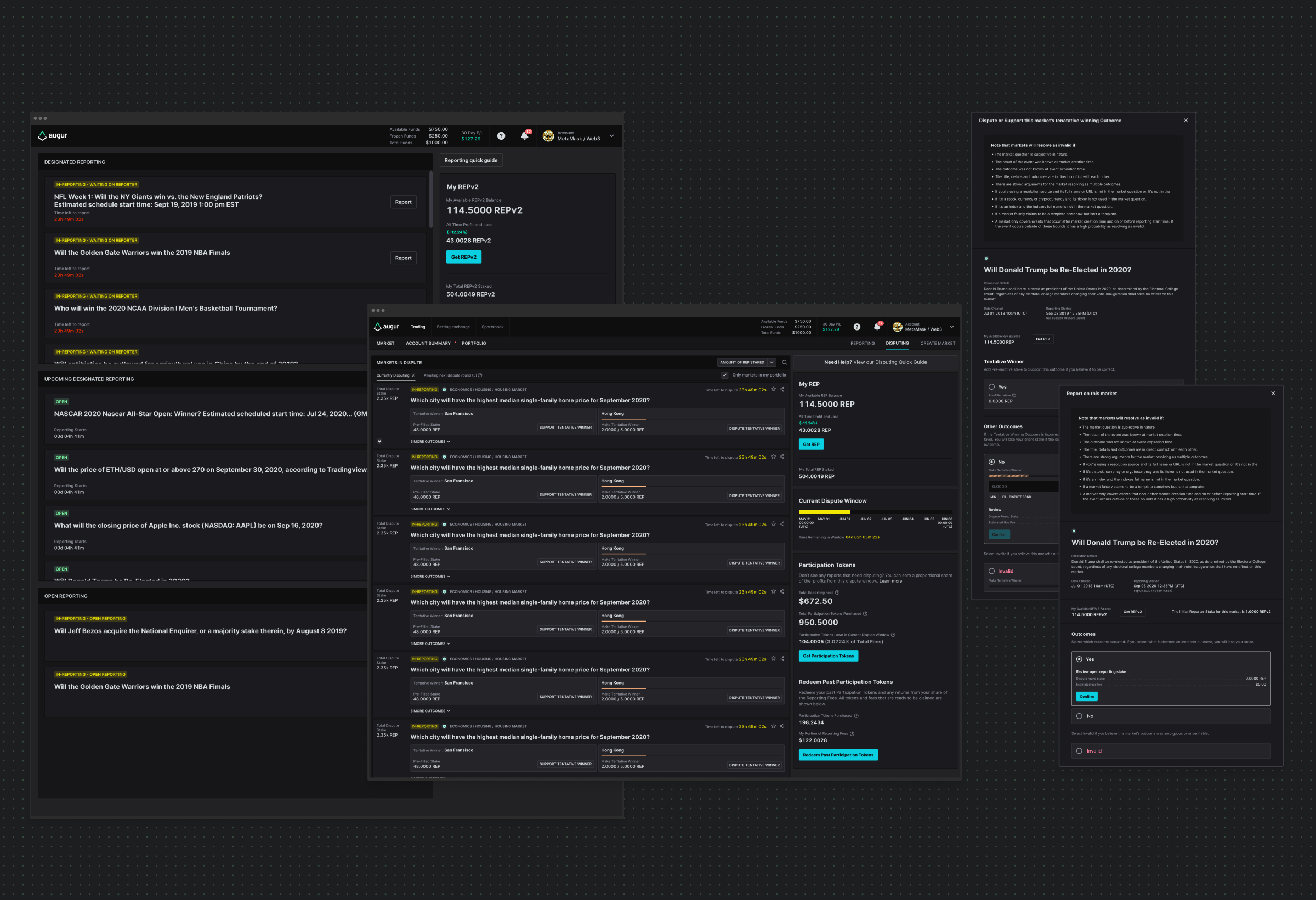 Reporting and disputing screens: designated reporting queues with REPv2 staking balances, a markets-in-dispute list with support and dispute stake amounts, and the dialogs for reporting on a market and disputing its tentative winning outcome