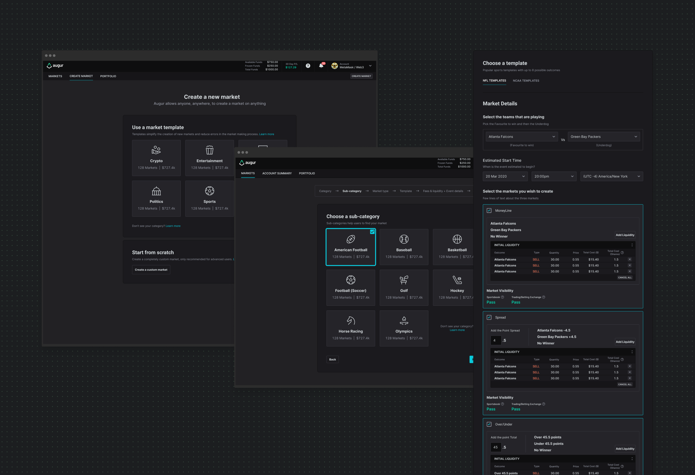 Market creation: choosing a market template by category, picking a sub-category, and the market details step where teams, start time and initial liquidity are set across moneyline, spread and over/under markets