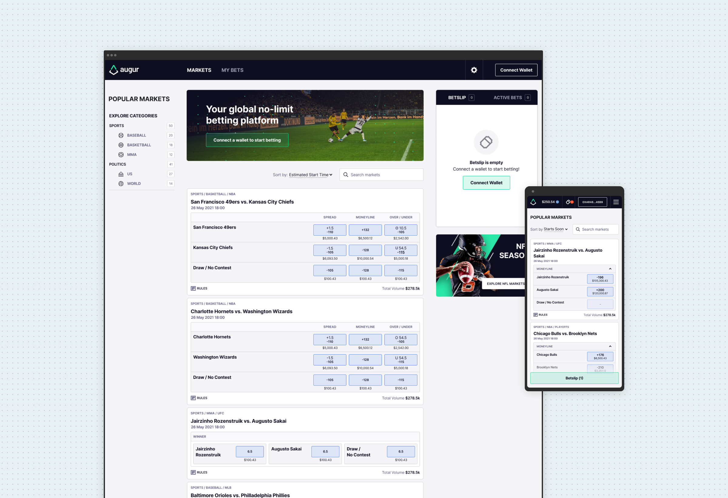 Sportsbook markets home with a category sidebar, a promotional banner reading 'Your global no-limit betting platform', spread, moneyline and over/under odds on each event, and an empty betslip alongside the mobile markets list