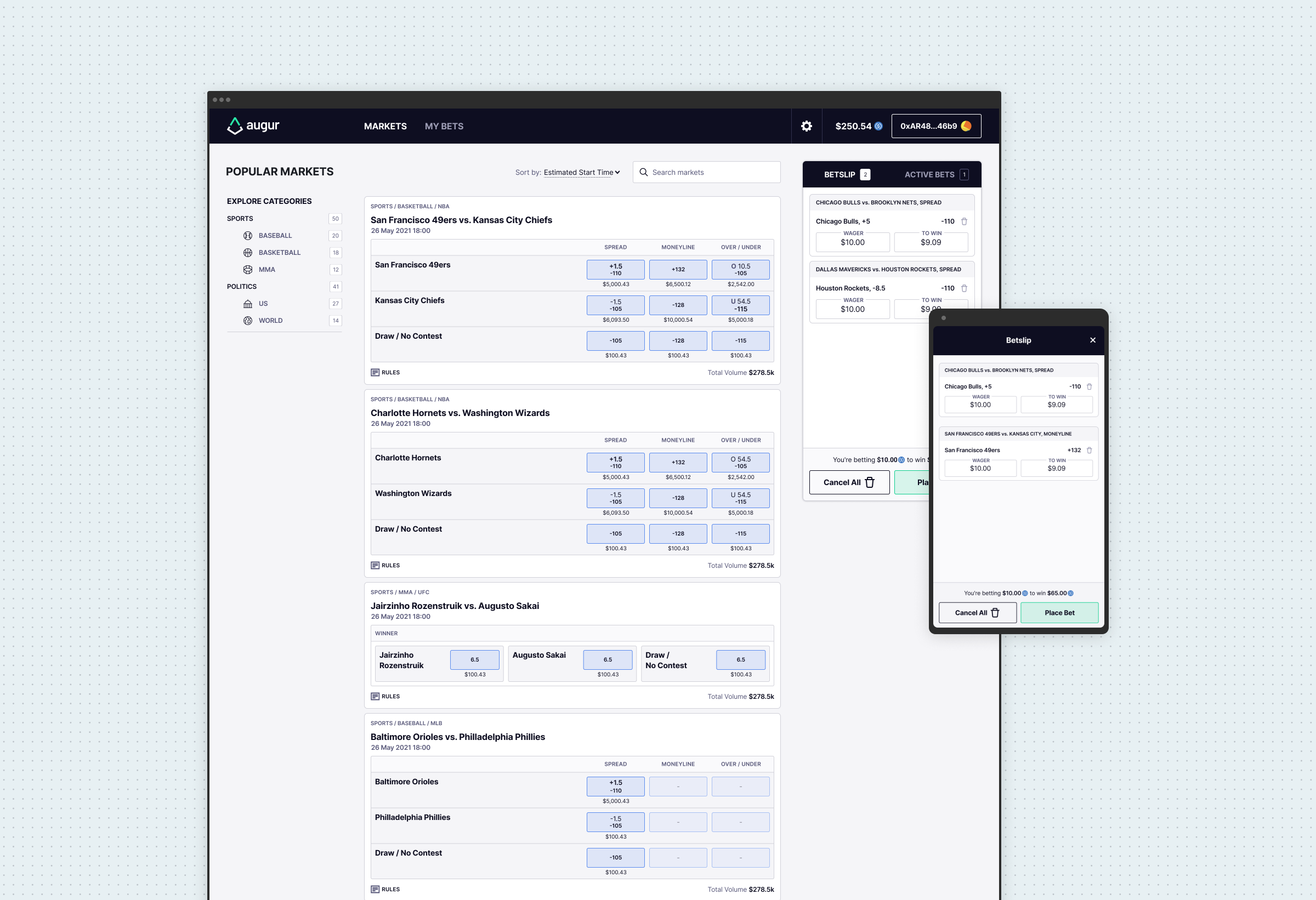 The markets list with a wallet connected, showing two selections in the betslip with wager and to-win amounts, and the same betslip as a full-screen sheet on mobile