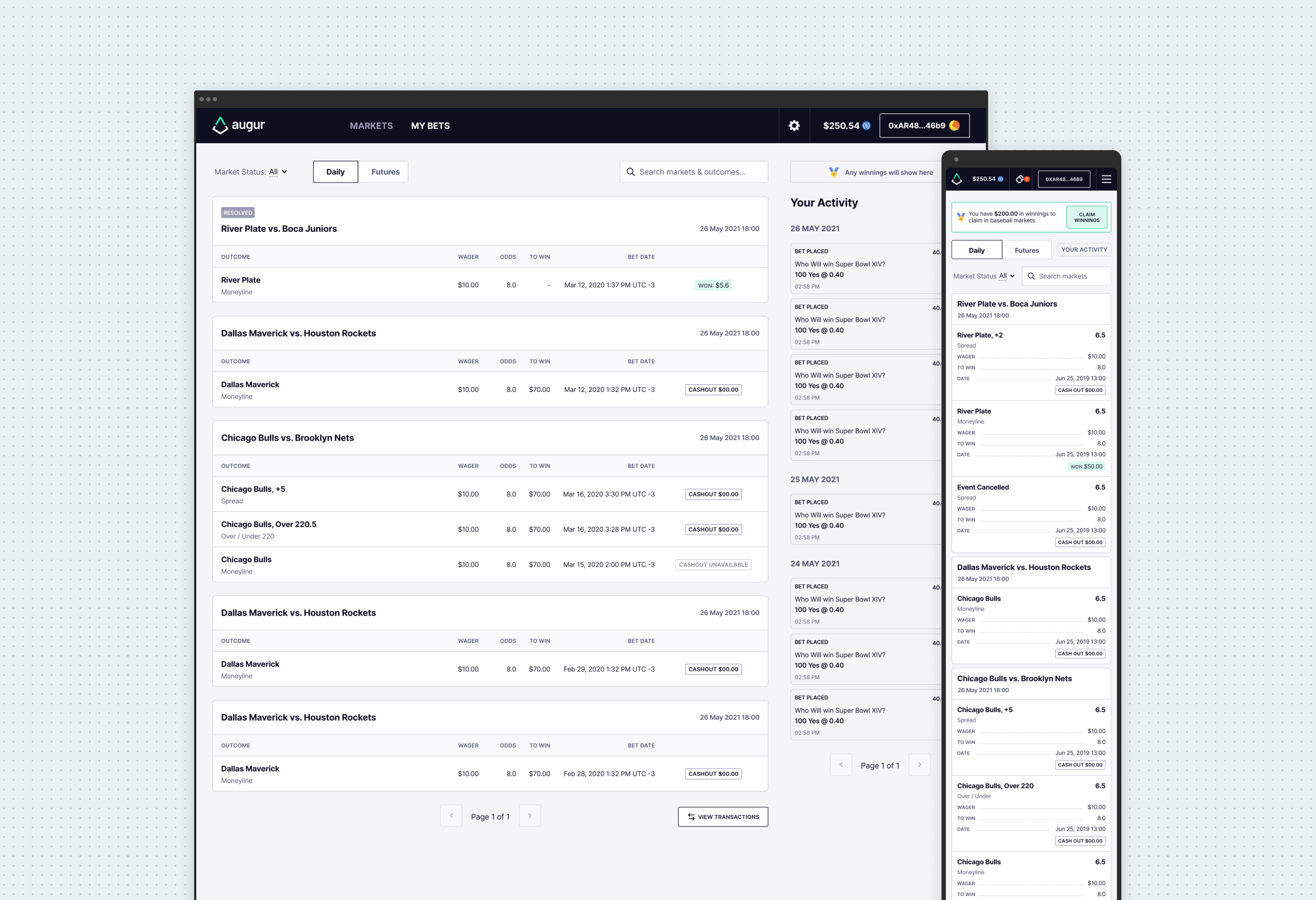 My Bets showing resolved and open wagers with odds, to-win amounts and cash-out controls, a dated feed of recent account activity, and the mobile equivalent with a claim-winnings prompt