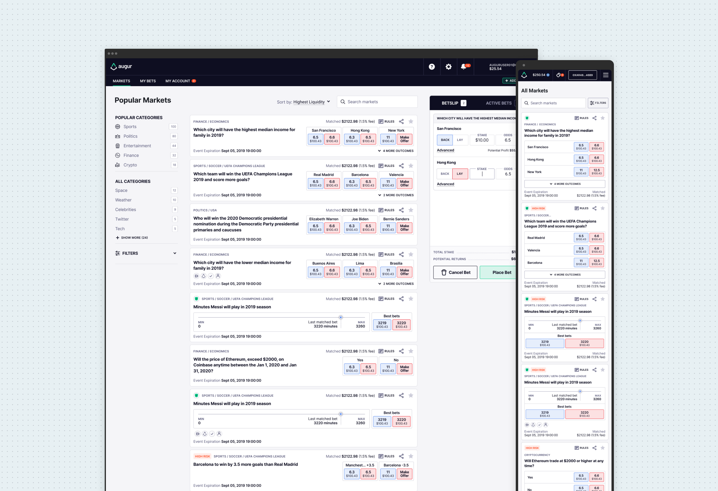 The betting exchange markets list, where each outcome shows stacked back and lay prices with the amount matched, and the betslip lets you choose back or lay with a stake and odds