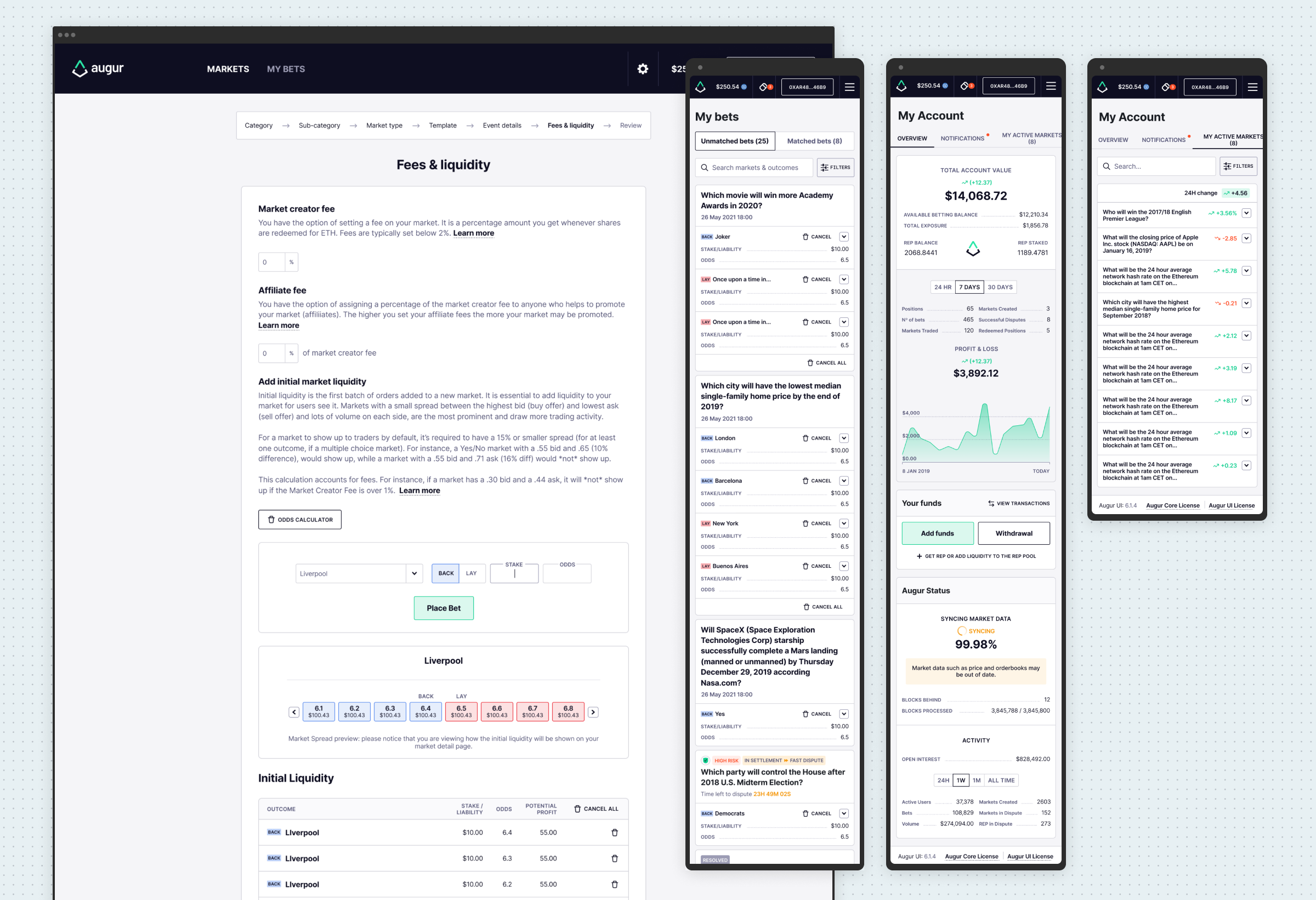 The fees and liquidity step of market creation with a spread preview, plus mobile screens for unmatched and matched bets, the account overview with total value and profit and loss, and the user's active markets