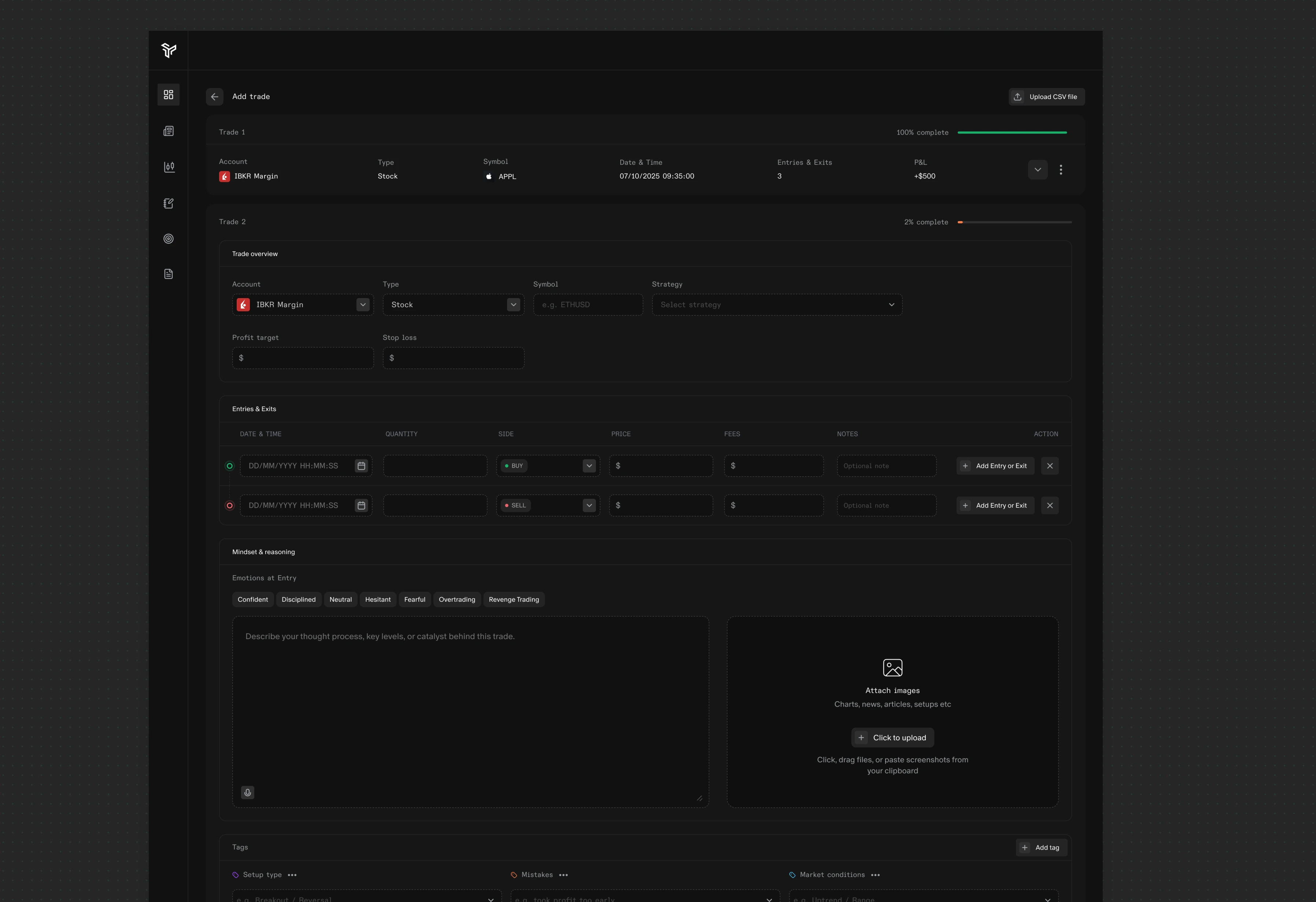 add-trade journaling form with entries and attachments